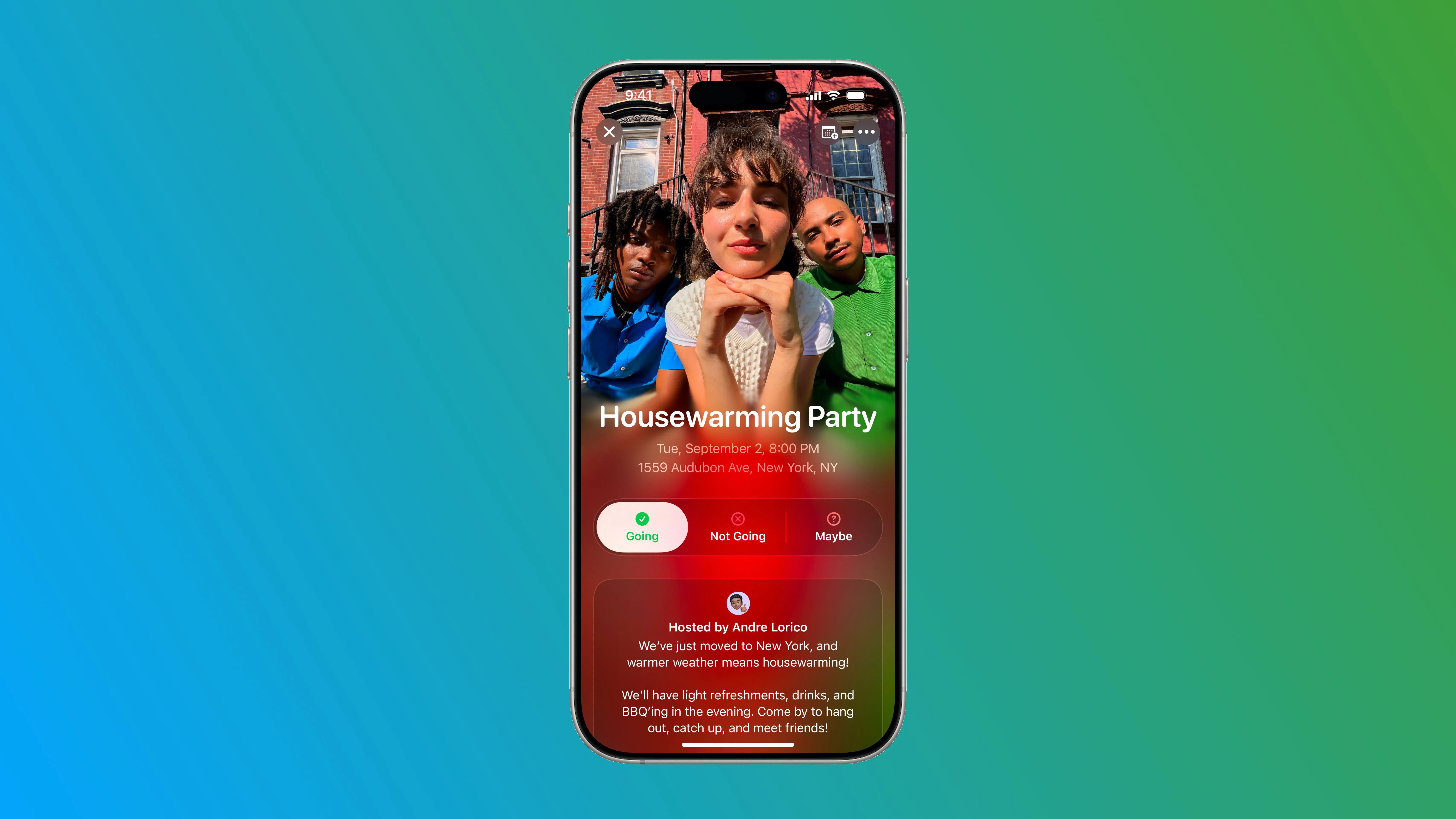 Hình ảnh quảng bá ứng dụng Apple Invites trên nền màu sắc rực rỡ, nhấn mạnh trải nghiệm mời tiệc độc đáo và hiện đại.