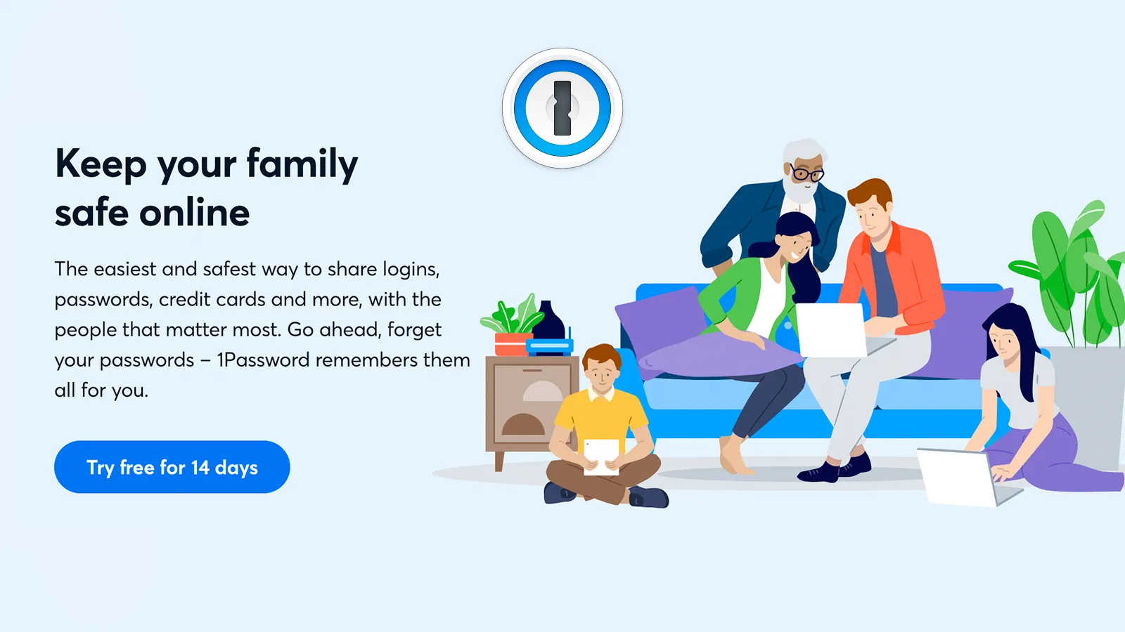 Hình minh họa một gia đình đang sử dụng 1Password, nhấn mạnh tính năng chia sẻ mật khẩu an toàn và tiện lợi trong môi trường gia đình.