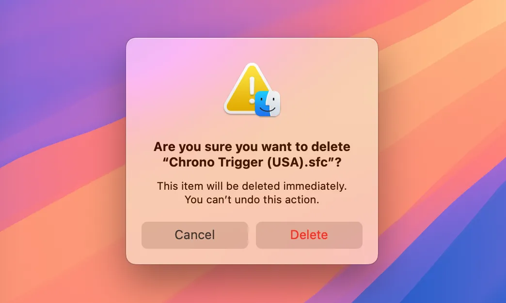 Hộp thoại xác nhận xóa tệp tin vĩnh viễn trên macOS, bỏ qua Thùng rác.