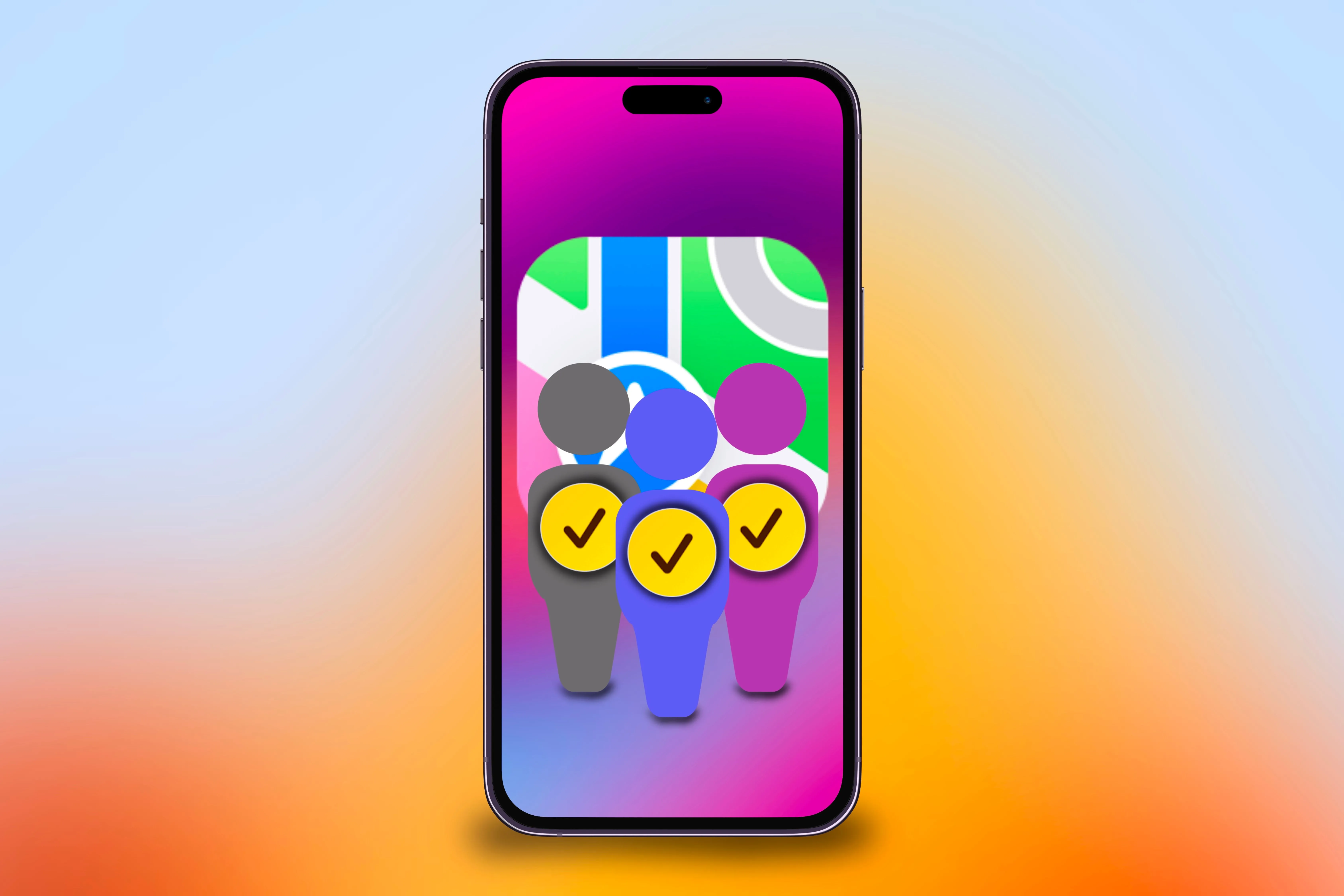 iPhone hiển thị nhiều biểu tượng người dùng và biểu tượng ứng dụng Apple Maps, minh họa ý tưởng gửi Check In tới nhiều người và nhiều địa điểm cùng lúc.