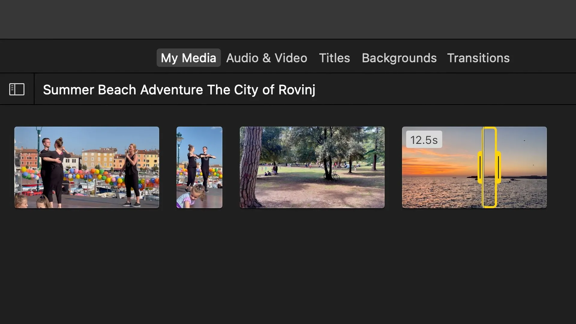 Kéo tay cầm để chọn phạm vi video tùy chỉnh trong trình duyệt phương tiện của iMovie trên Mac.