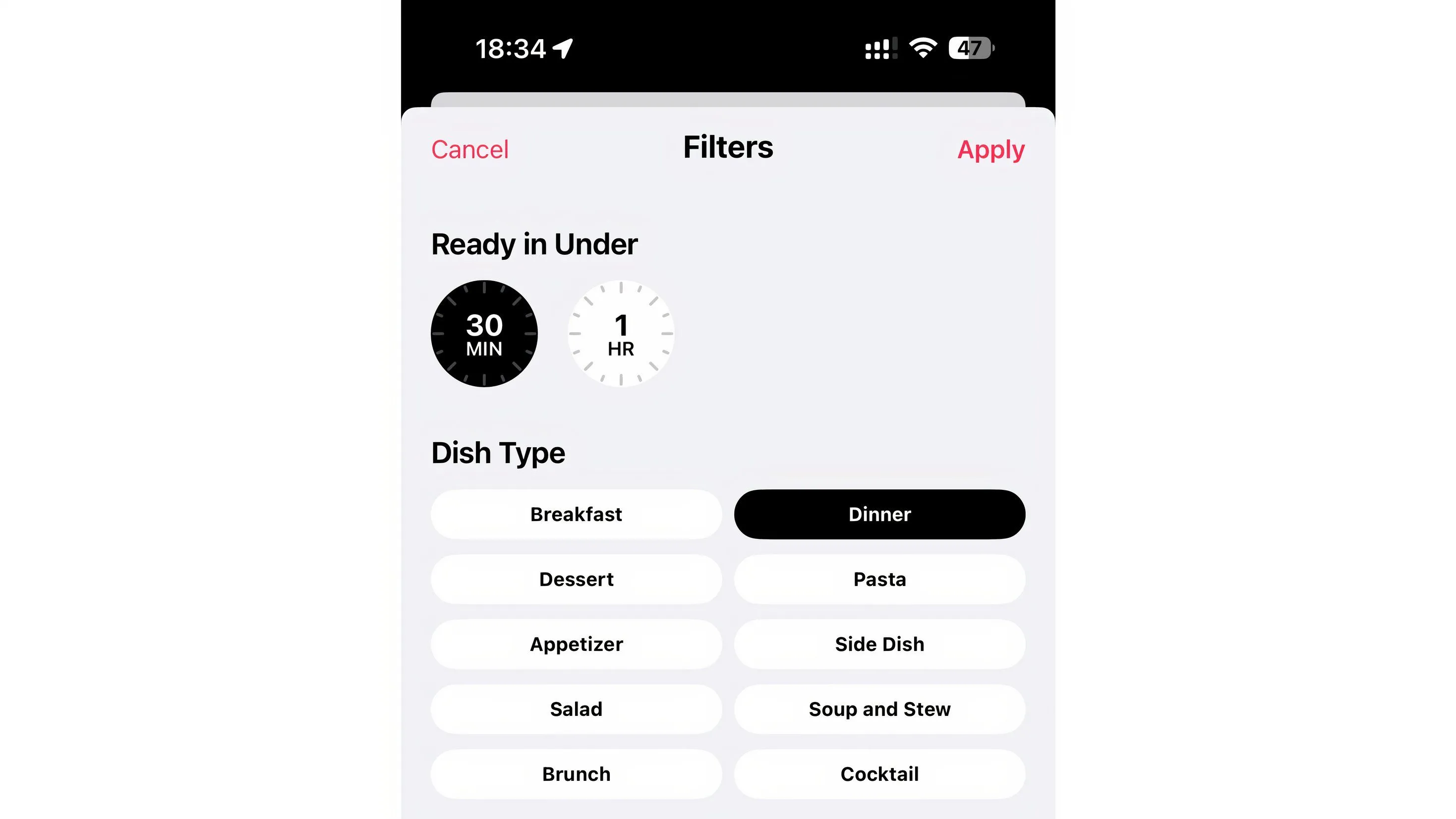 Kết quả lọc công thức cho bữa tối dưới 30 phút trong chuyên mục Food của Apple News+ trên iPhone