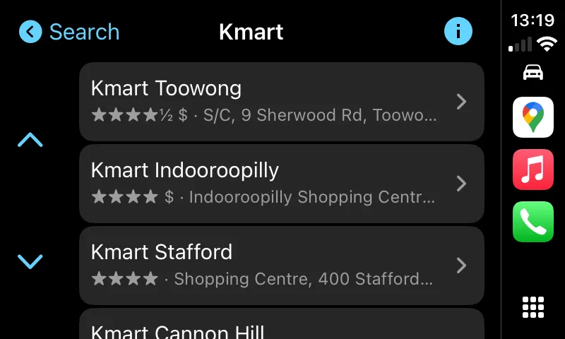 Kết quả tìm kiếm &quot;Kmart&quot; trên Google Maps CarPlay