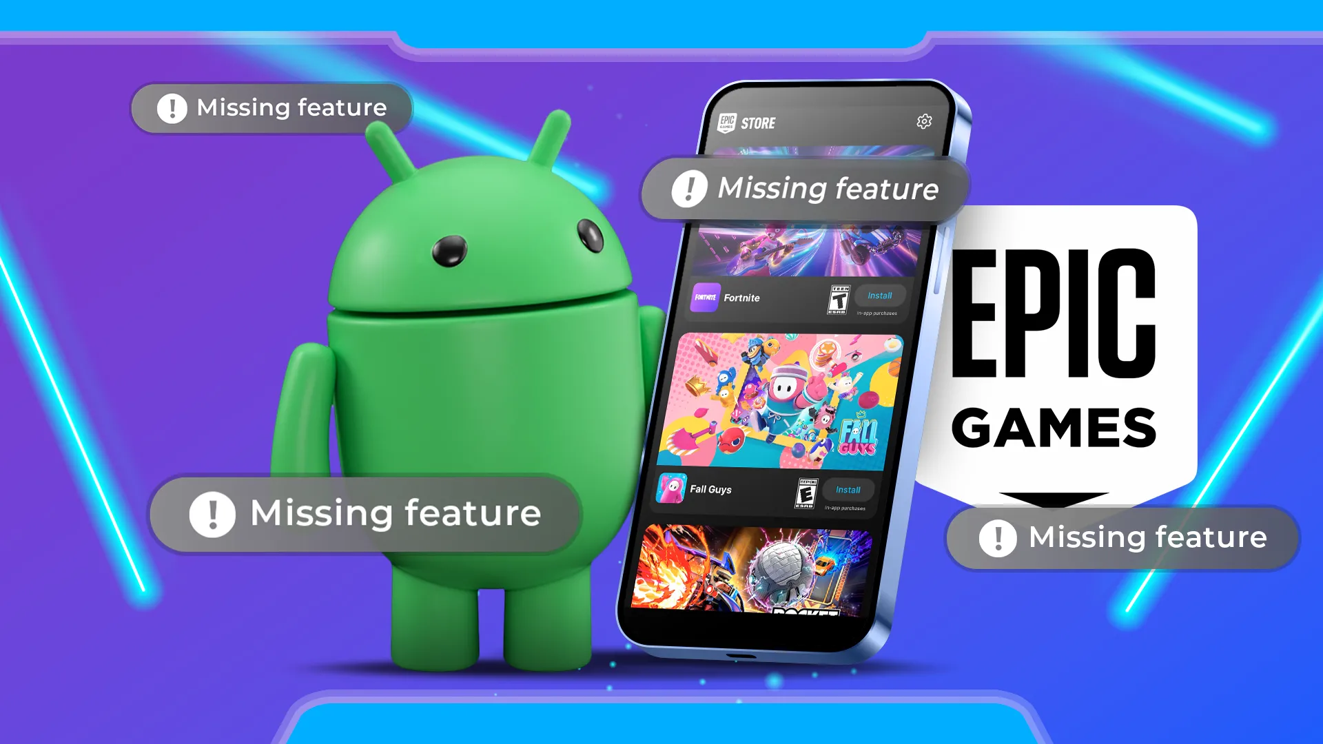 Linh vật Android cạnh điện thoại đang chạy ứng dụng Epic Games, biểu thị hệ sinh thái ứng dụng game Android khổng lồ và đa dạng.