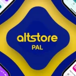 Logo AltStore PAL với các iPhone xung quanh, minh họa chợ ứng dụng thay thế cho iOS và iPadOS