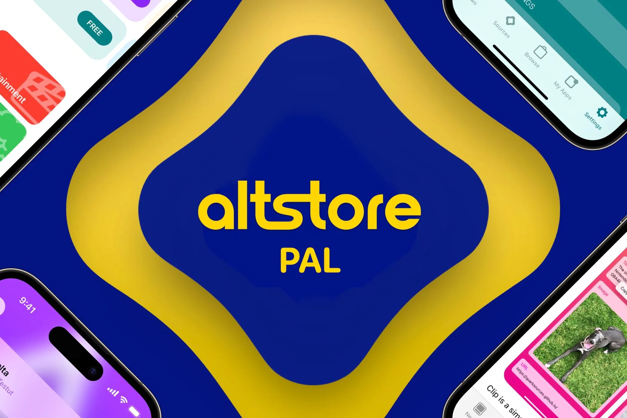 Logo AltStore PAL với các iPhone xung quanh, minh họa chợ ứng dụng thay thế cho iOS và iPadOS