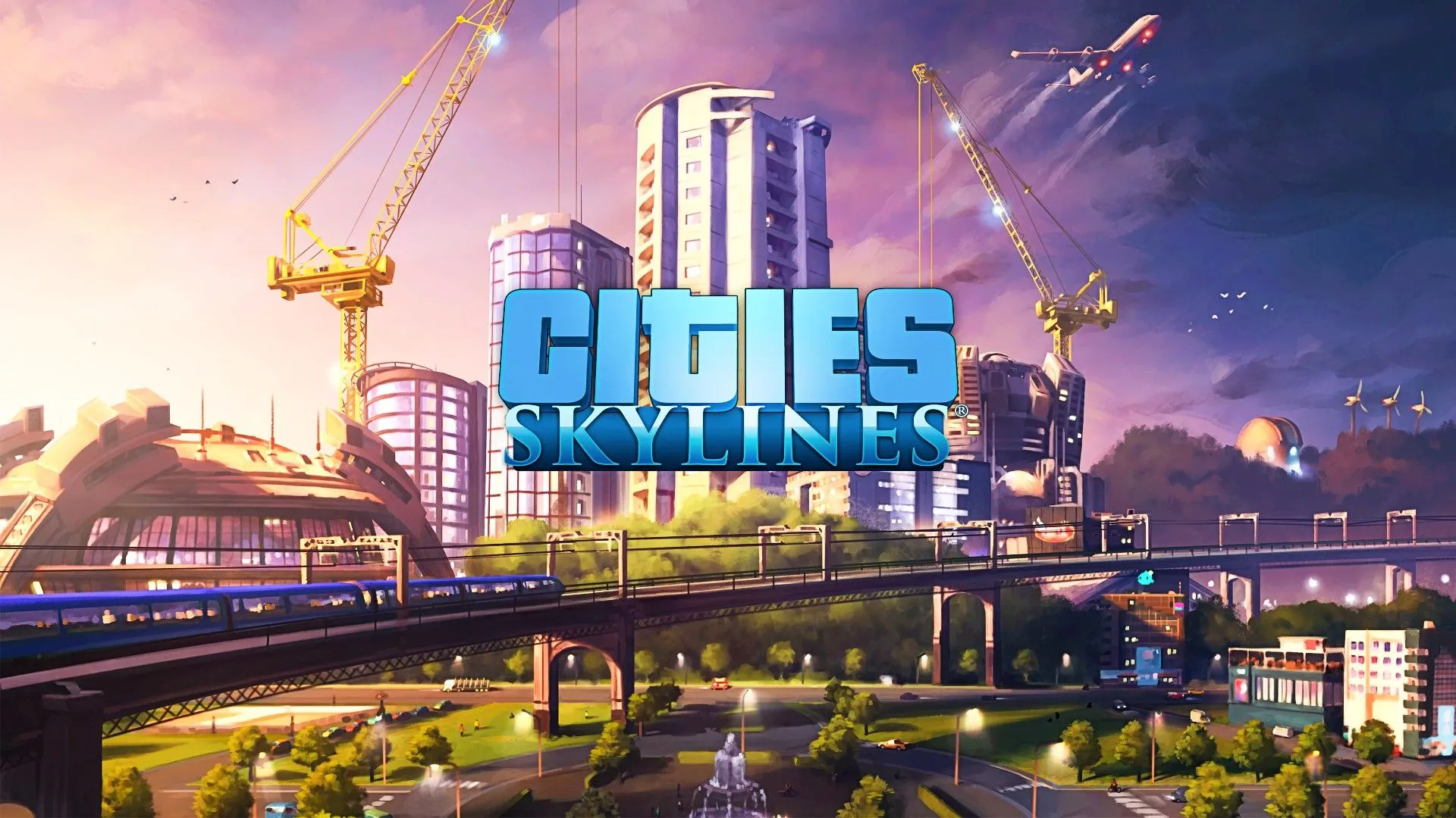 Logo Cities Skylines trên nền nhà cao tầng và cây cối