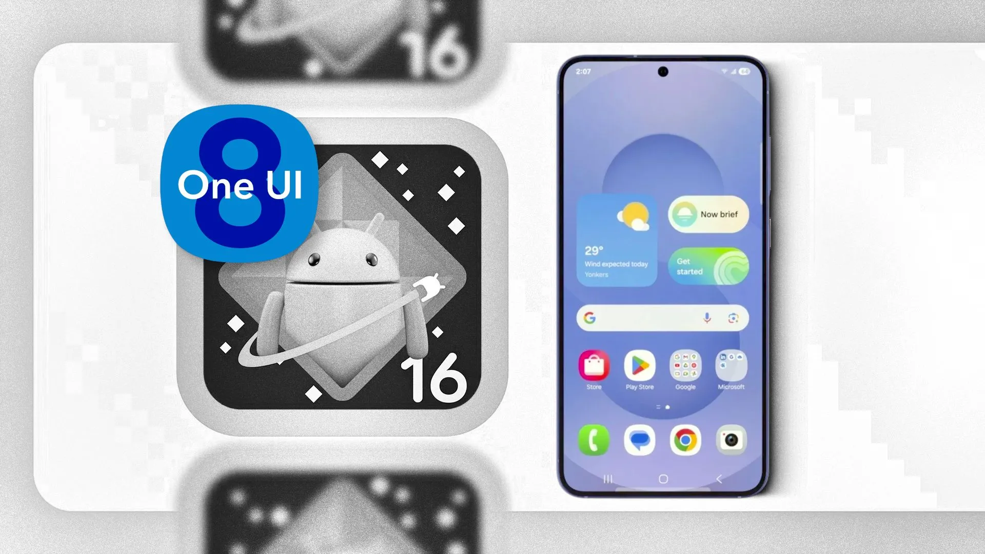 Logo One UI 8 chồng lên logo Android 16, cạnh điện thoại Samsung Galaxy, biểu thị sự kết hợp phần mềm.