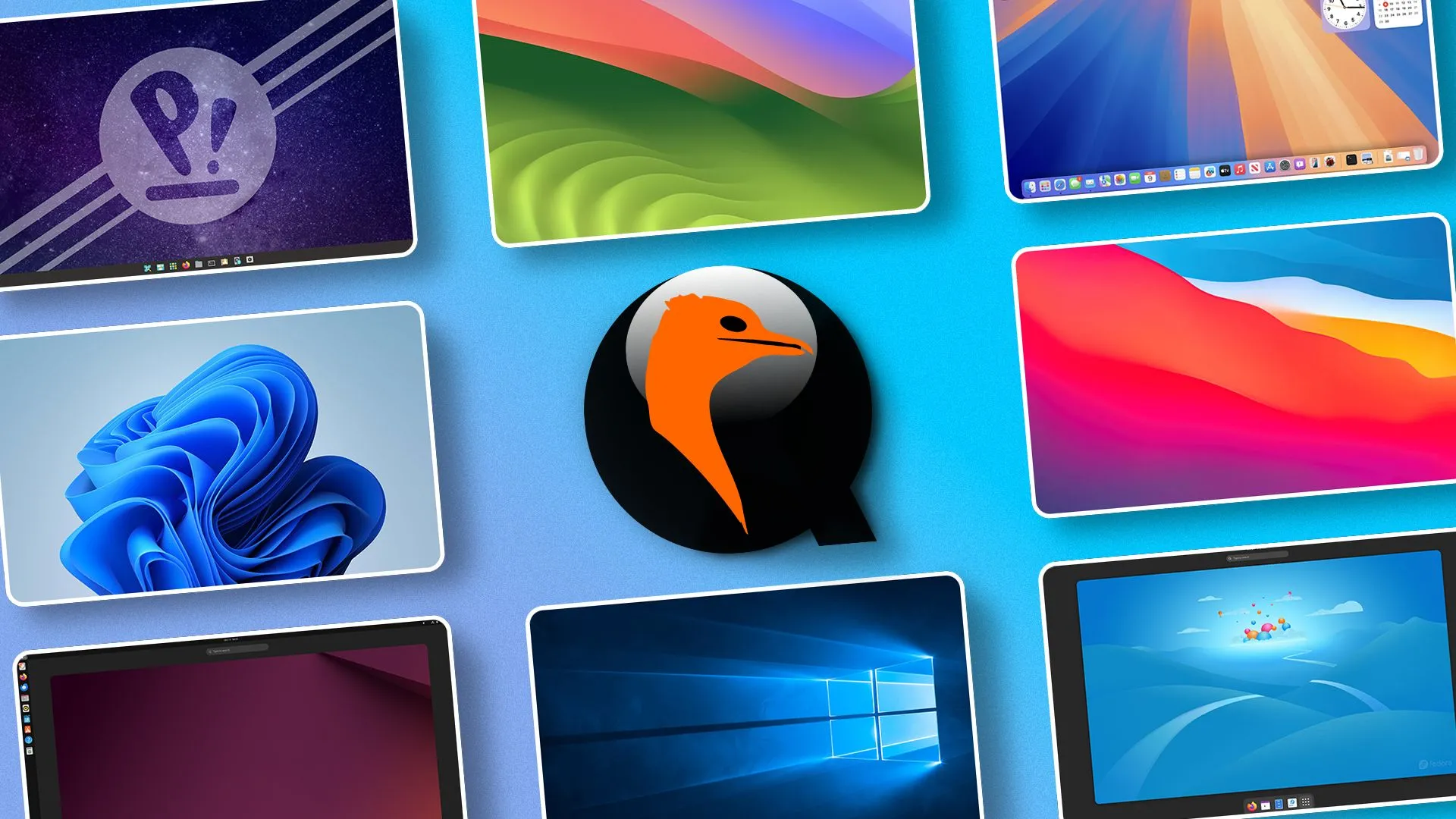Logo QEMU với các biểu tượng hệ điều hành phổ biến như Windows, macOS, và Linux xung quanh, minh họa khả năng ảo hóa đa nền tảng của Quickemu.