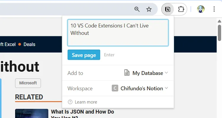 Lưu trữ thông tin từ web vào Notion Workspace qua Notion Web Clipper.