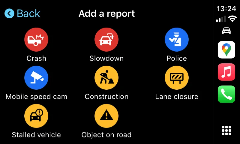Màn hình báo cáo nguy hiểm giao thông trên Google Maps CarPlay