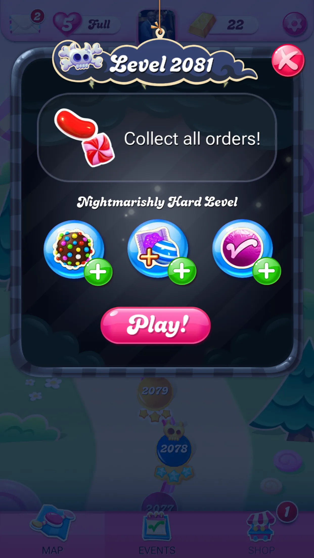 Màn hình bắt đầu cấp độ trong game Candy Crush trên điện thoại