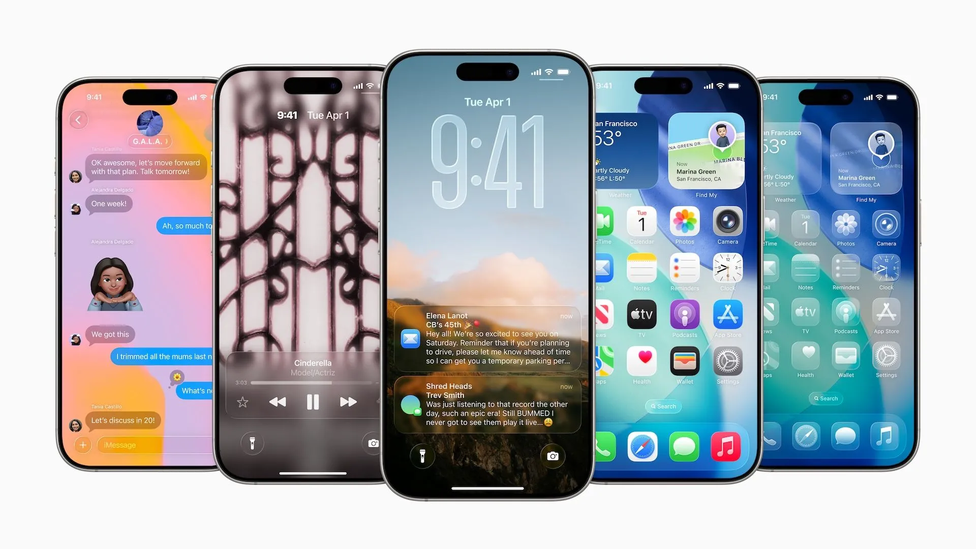 Màn hình các mẫu iPhone chạy iOS 26 mới với thiết kế Liquid Glass, trình bày các thay đổi giao diện người dùng chính tại sự kiện WWDC 2025.