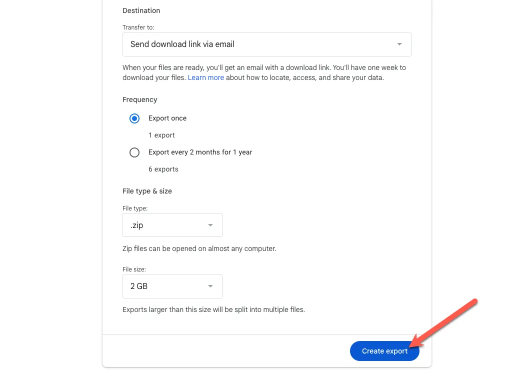 Màn hình cấu hình tùy chọn xuất dữ liệu Google Takeout, chọn loại tệp và tần suất xuất.