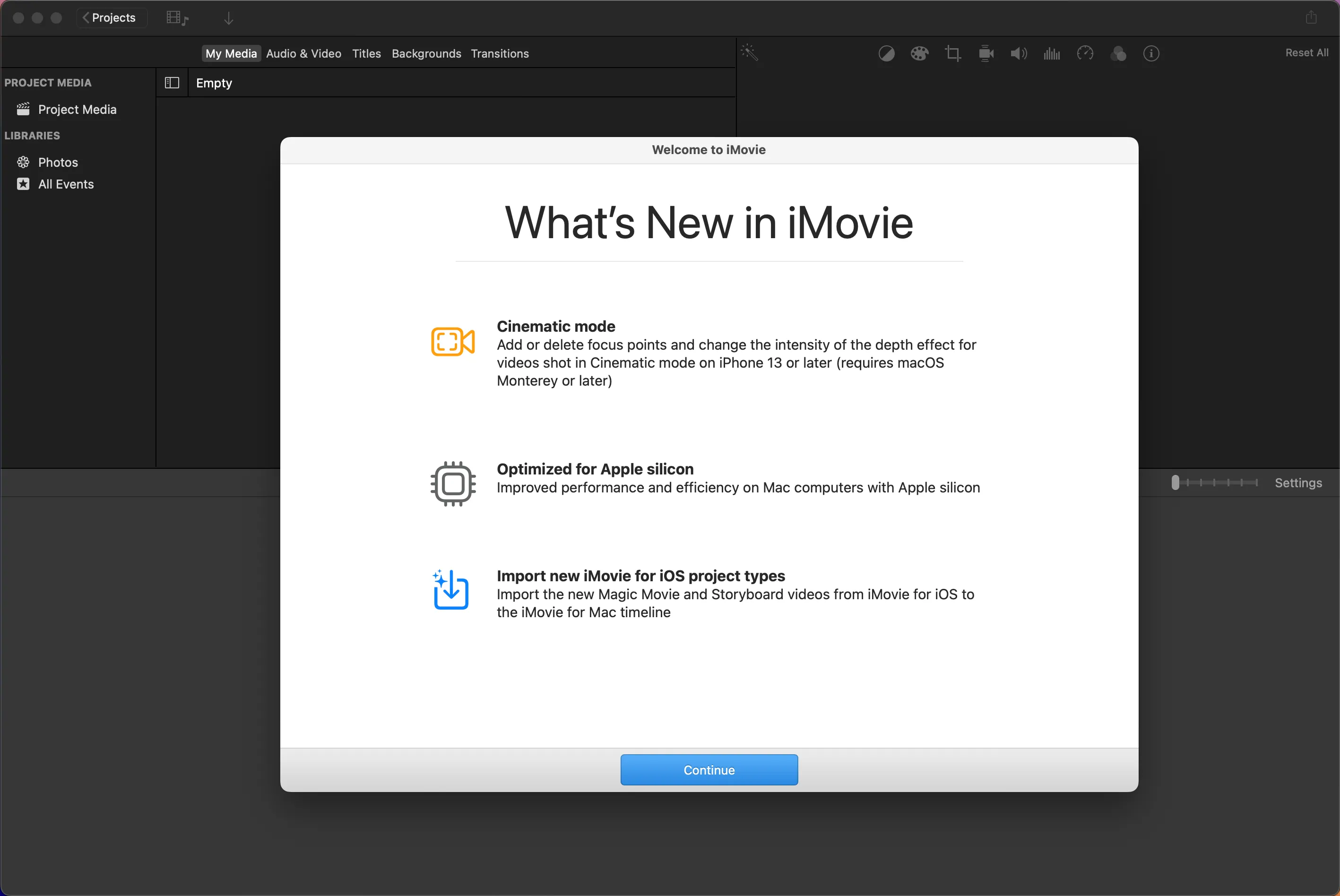 Màn hình chào mừng của iMovie trên Mac hiển thị các tính năng mới được cập nhật.