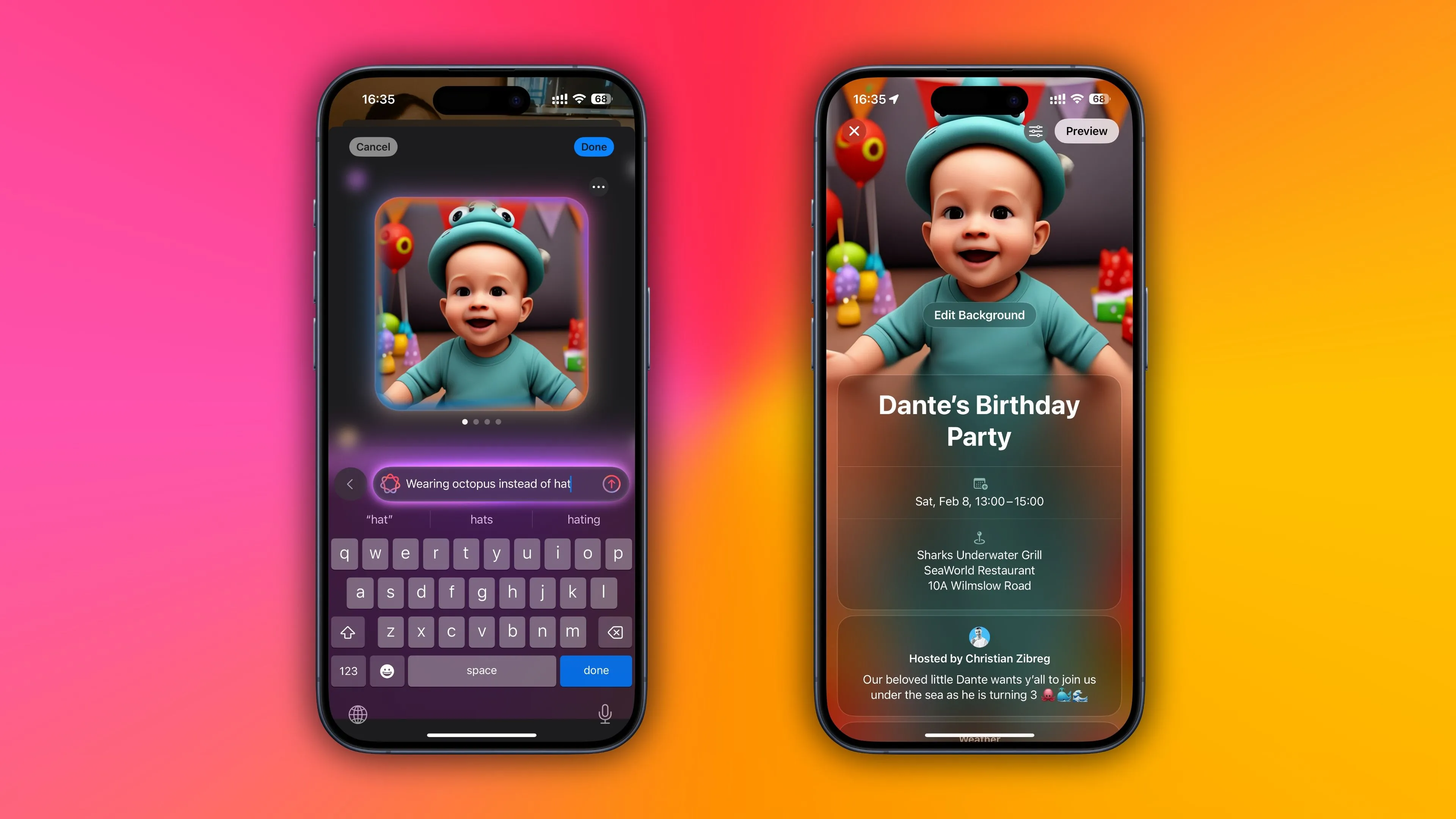 Màn hình chỉnh sửa nền thiệp mời trong Apple Invites, hiển thị tùy chọn sử dụng Image Playground để tạo ảnh nền độc đáo bằng AI.
