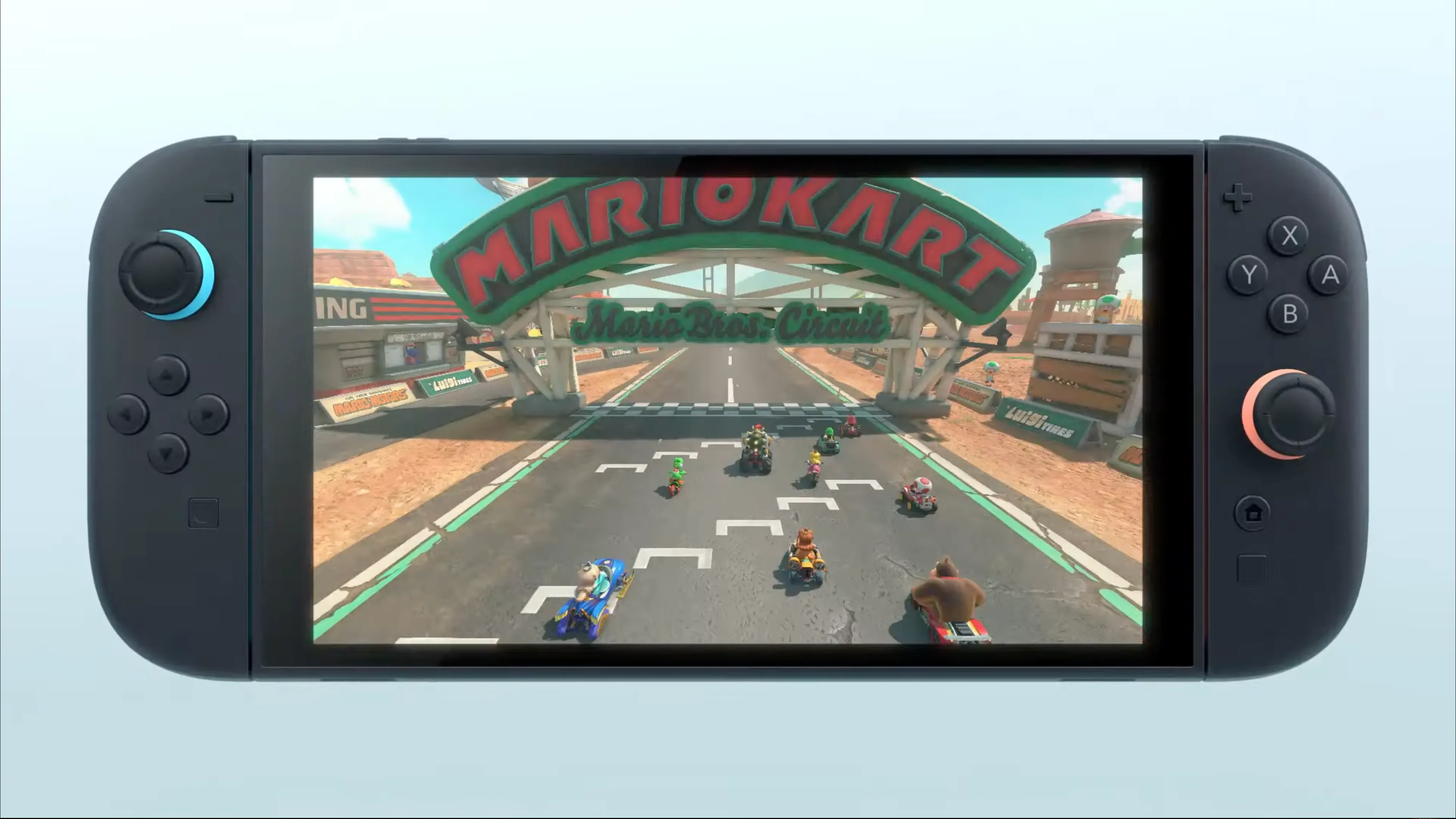 Màn hình console Nintendo Switch 2 hiển thị trò chơi Mario Kart World, minh họa trải nghiệm game trên hệ máy mới.