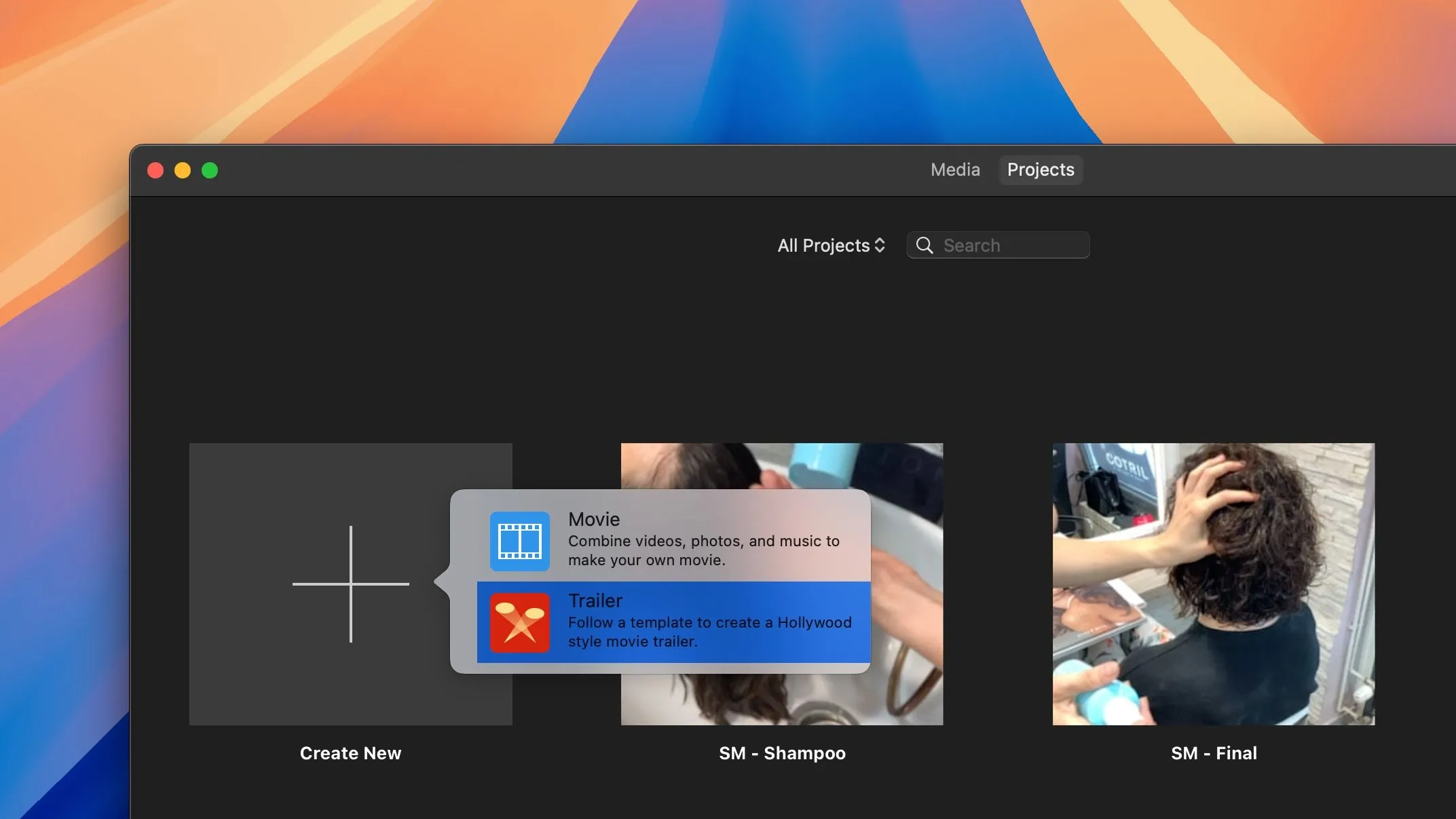 Màn hình dự án của iMovie trên Mac với tùy chọn tạo trailer phim mới được chọn.