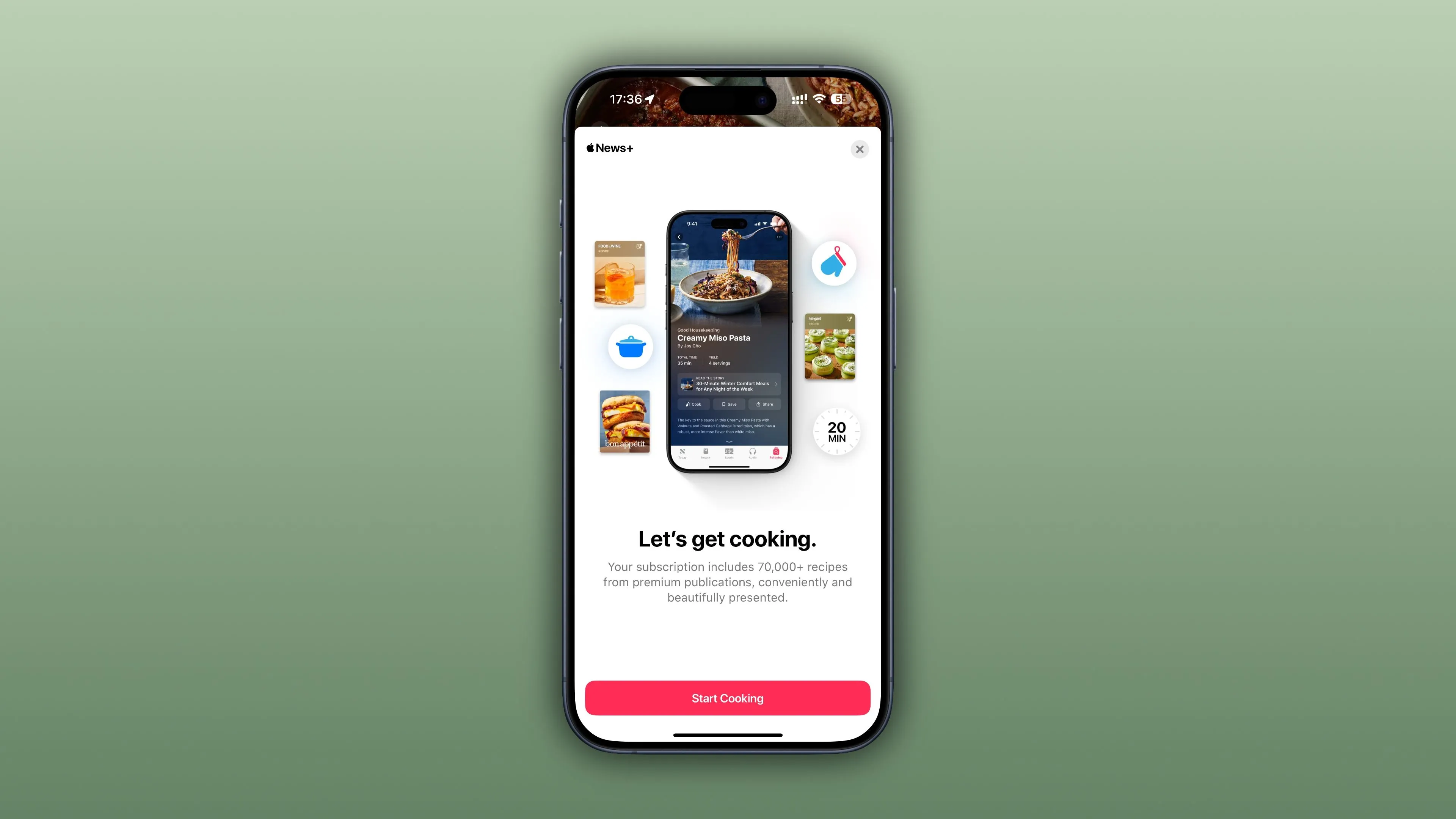 Màn hình giới thiệu chuyên mục Food trong ứng dụng Apple News+ trên iPhone chạy iOS 18.4