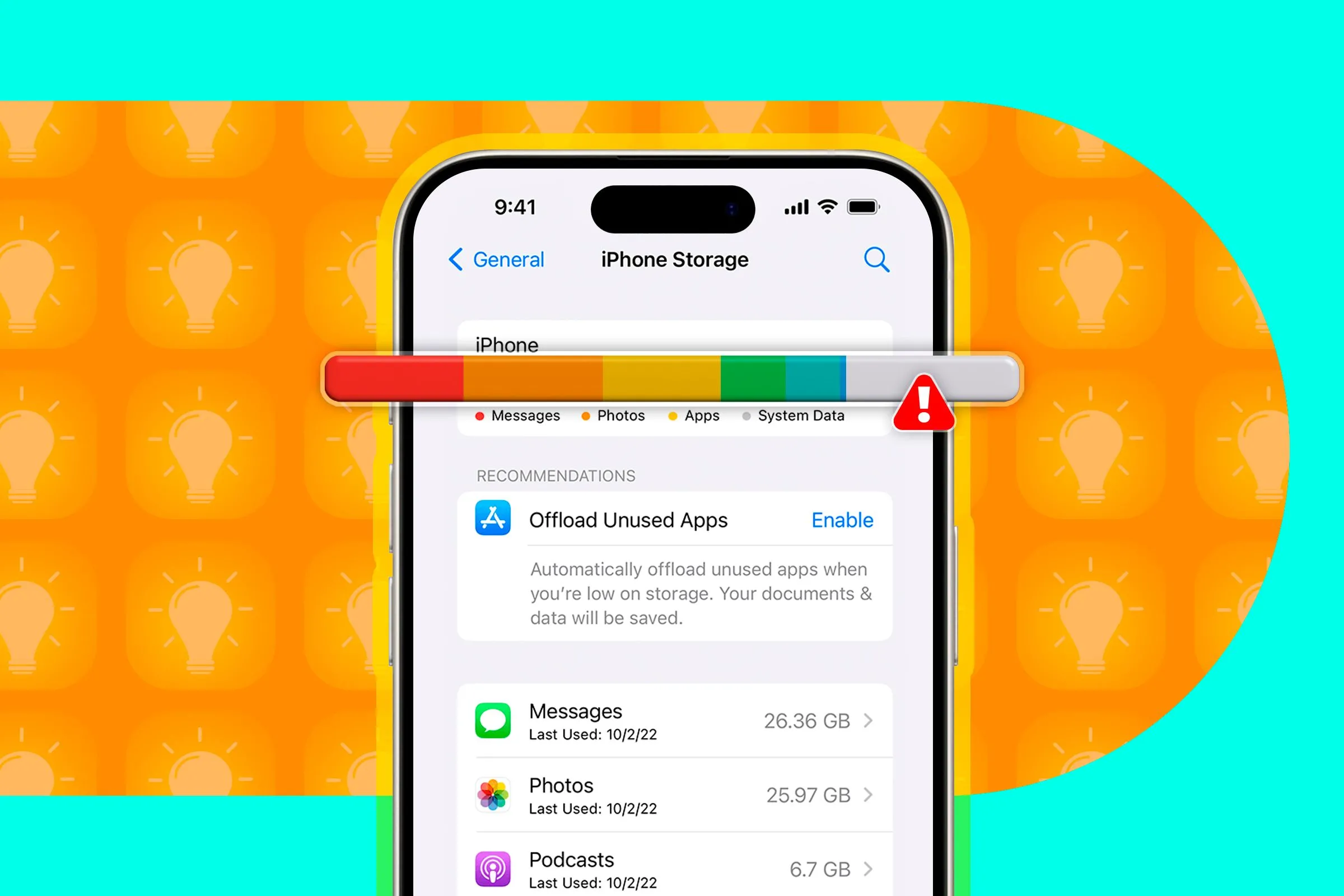 Màn hình hiển thị dung lượng lưu trữ trên iPhone với biểu tượng cảnh báo đầy bộ nhớ.