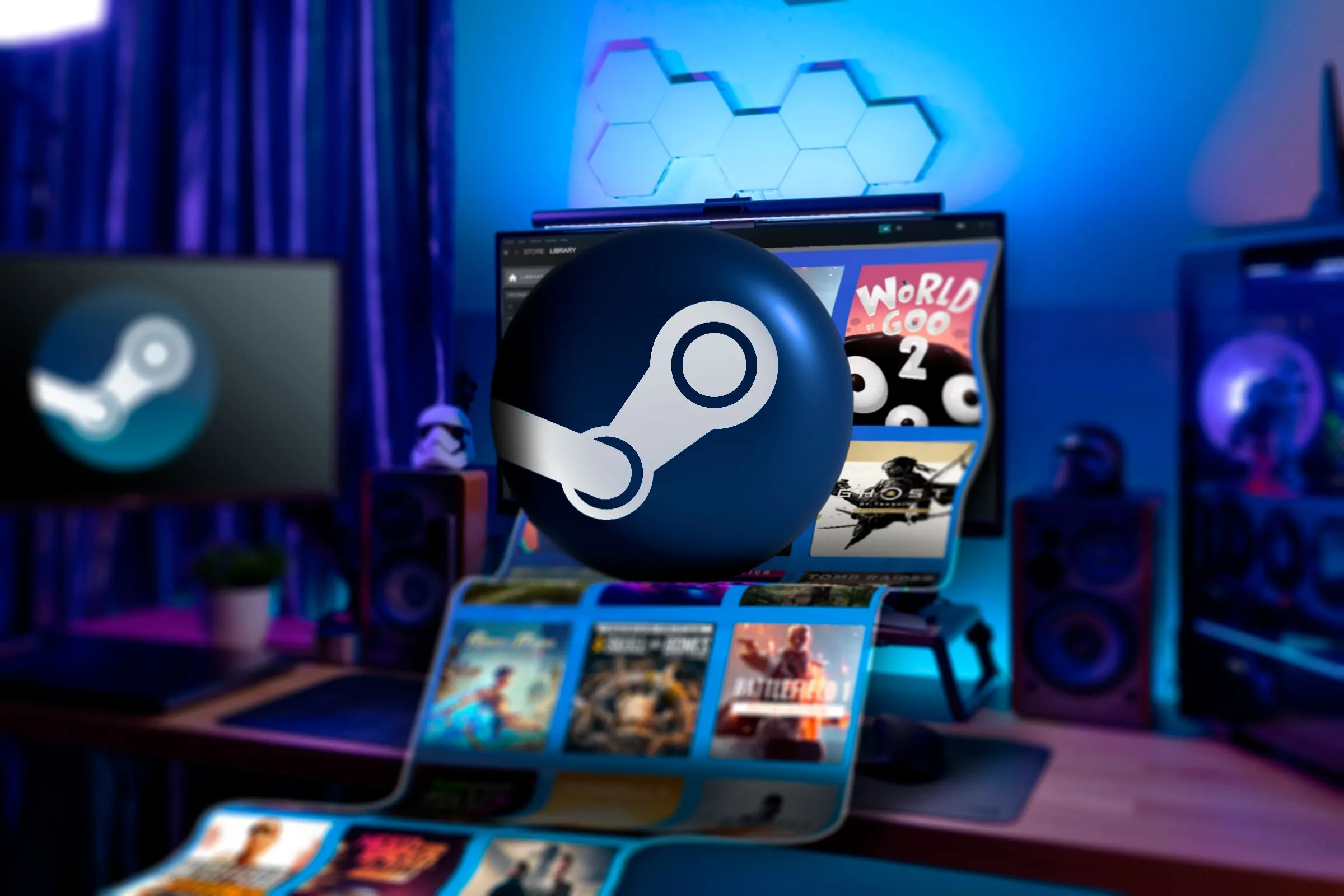 Màn hình máy tính chơi game với logo Steam trung tâm và nhiều tựa game Steam nổi bật, thể hiện kho game khổng lồ và sức hút của nền tảng này.
