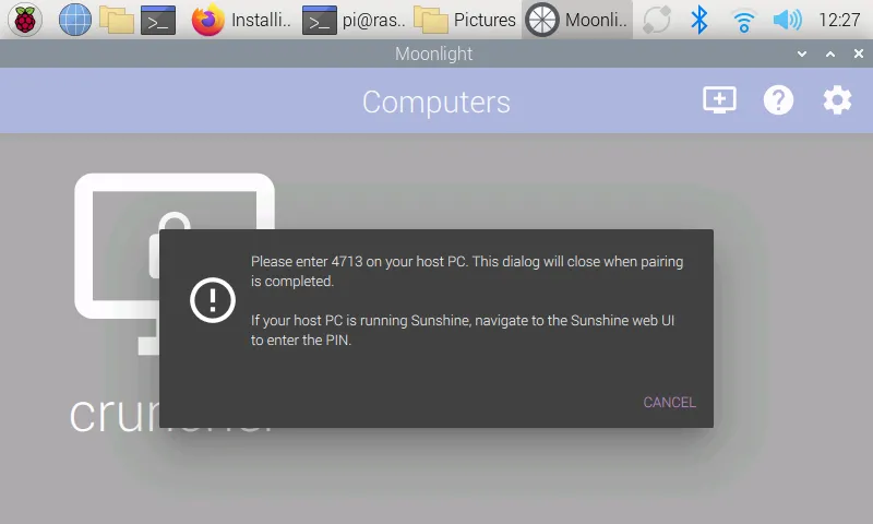 Màn hình Moonlight hiển thị mã PIN ghép nối để kết nối với server Sunshine.