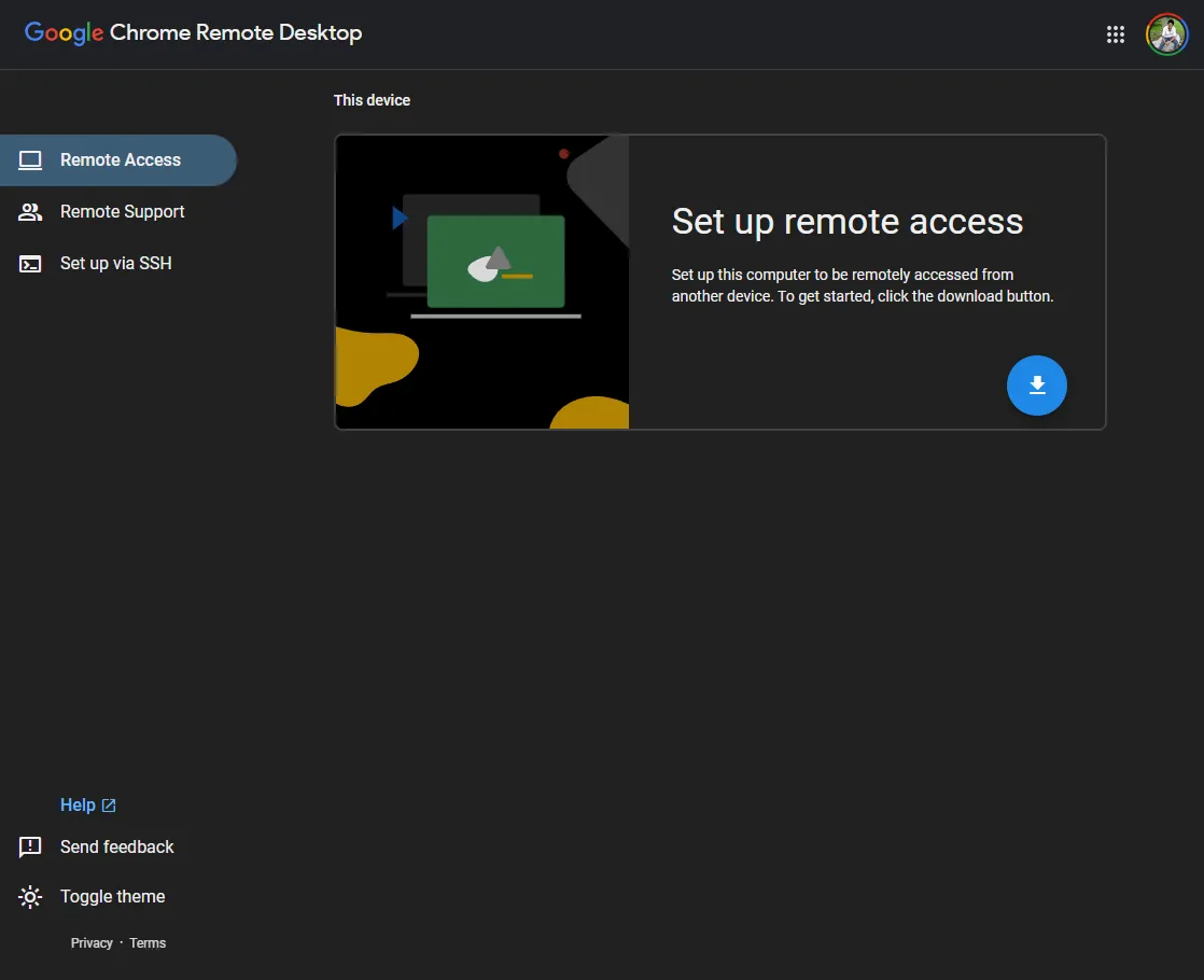 Màn hình tải xuống công cụ cài đặt Google Chrome Remote Desktop, là bước đầu tiên trong quá trình thiết lập khả năng truy cập máy tính từ xa.