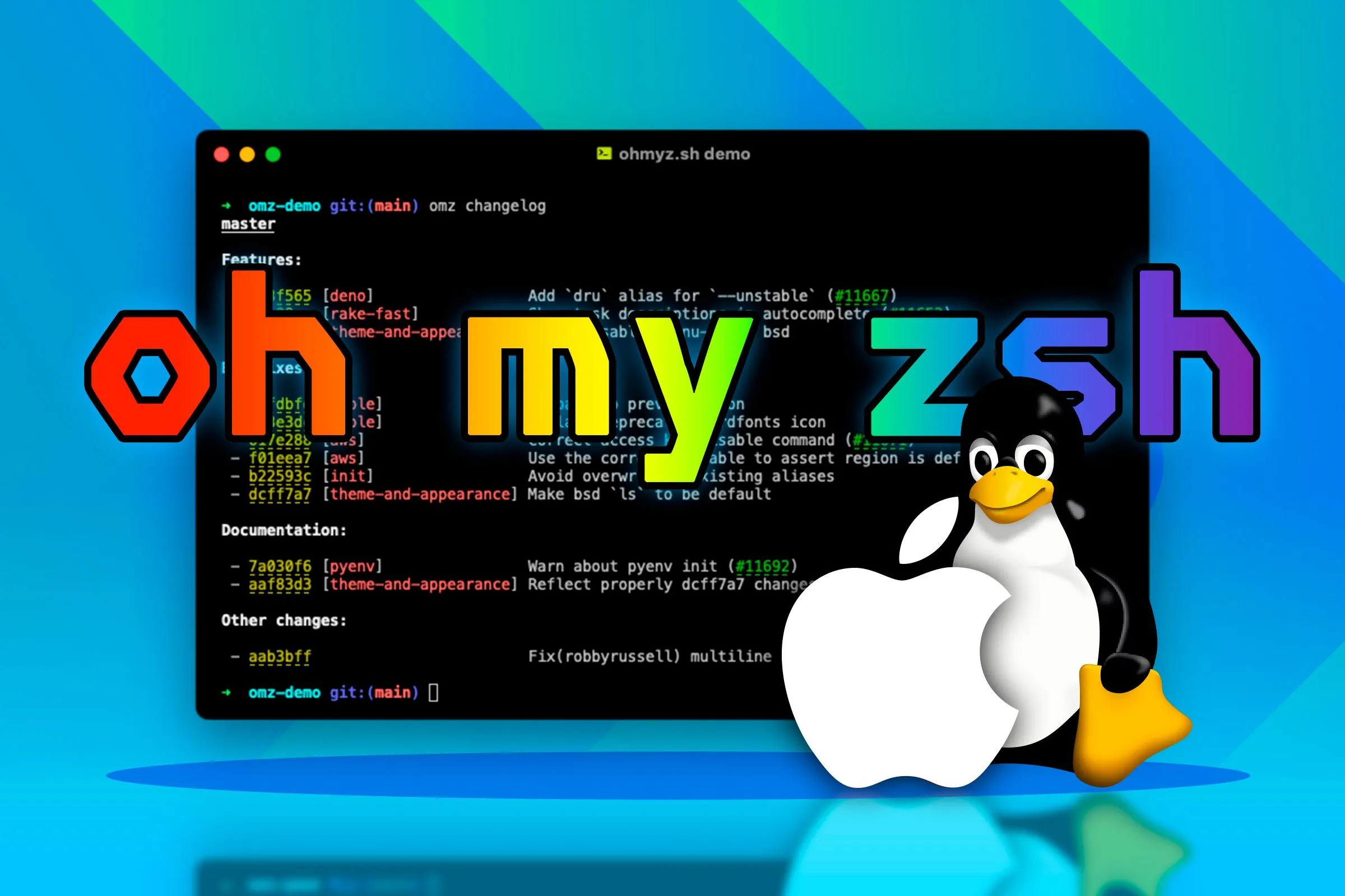 Màn hình terminal hiển thị giao diện Oh My Zsh với linh vật Linux và logo Apple.