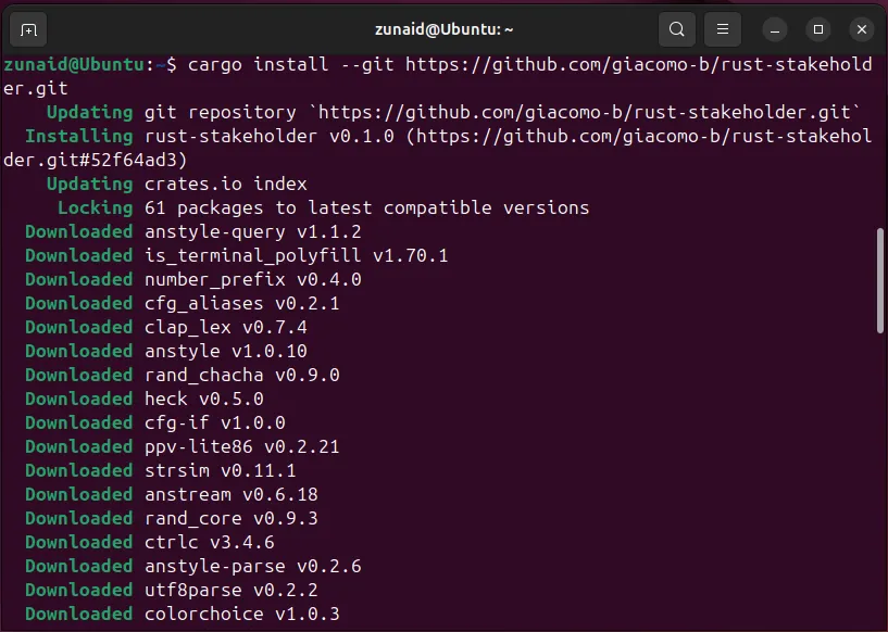Màn hình terminal Linux hiển thị quá trình cài đặt công cụ rust-stakeholder sử dụng Cargo package manager.