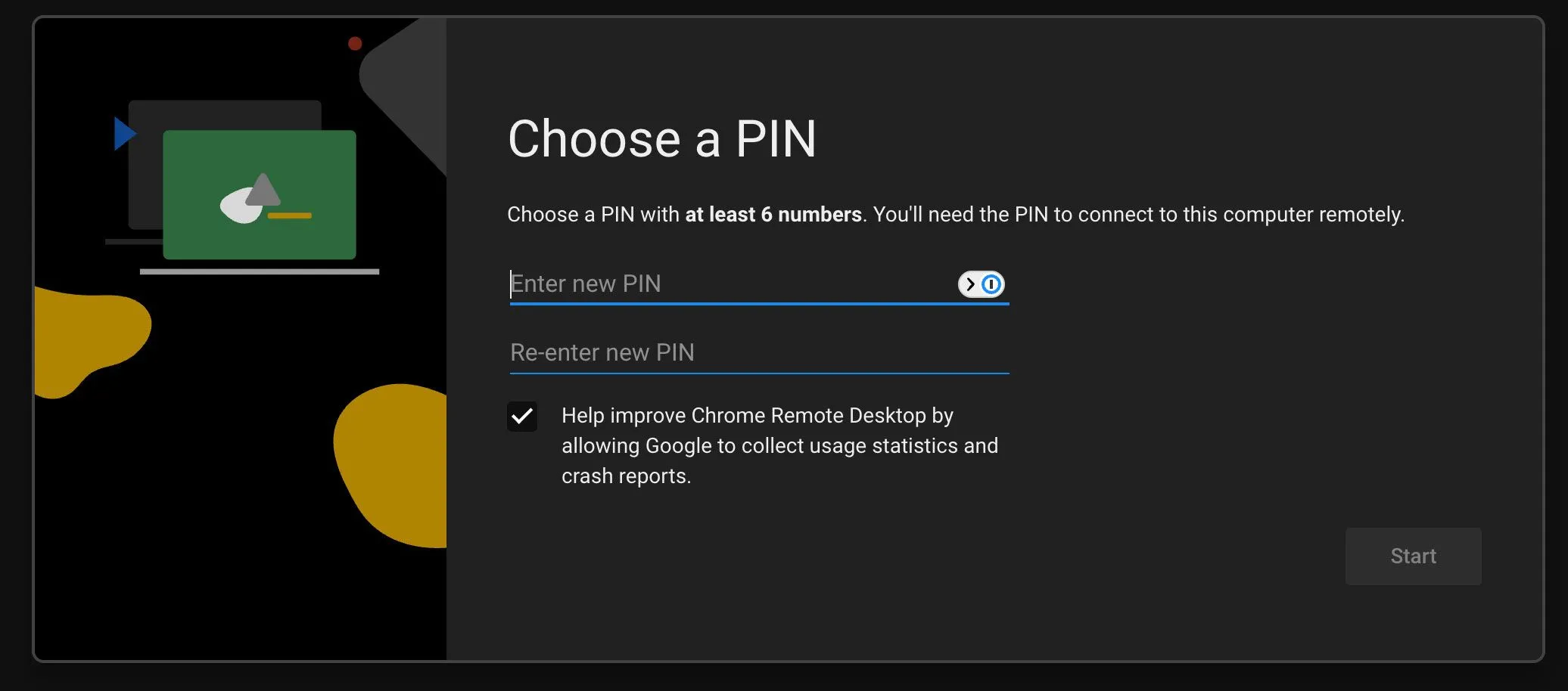 Màn hình thiết lập mã PIN trong Chrome Remote Desktop, yêu cầu người dùng nhập mã PIN bảo mật có độ dài tối thiểu sáu ký tự để truy cập máy tính từ xa.