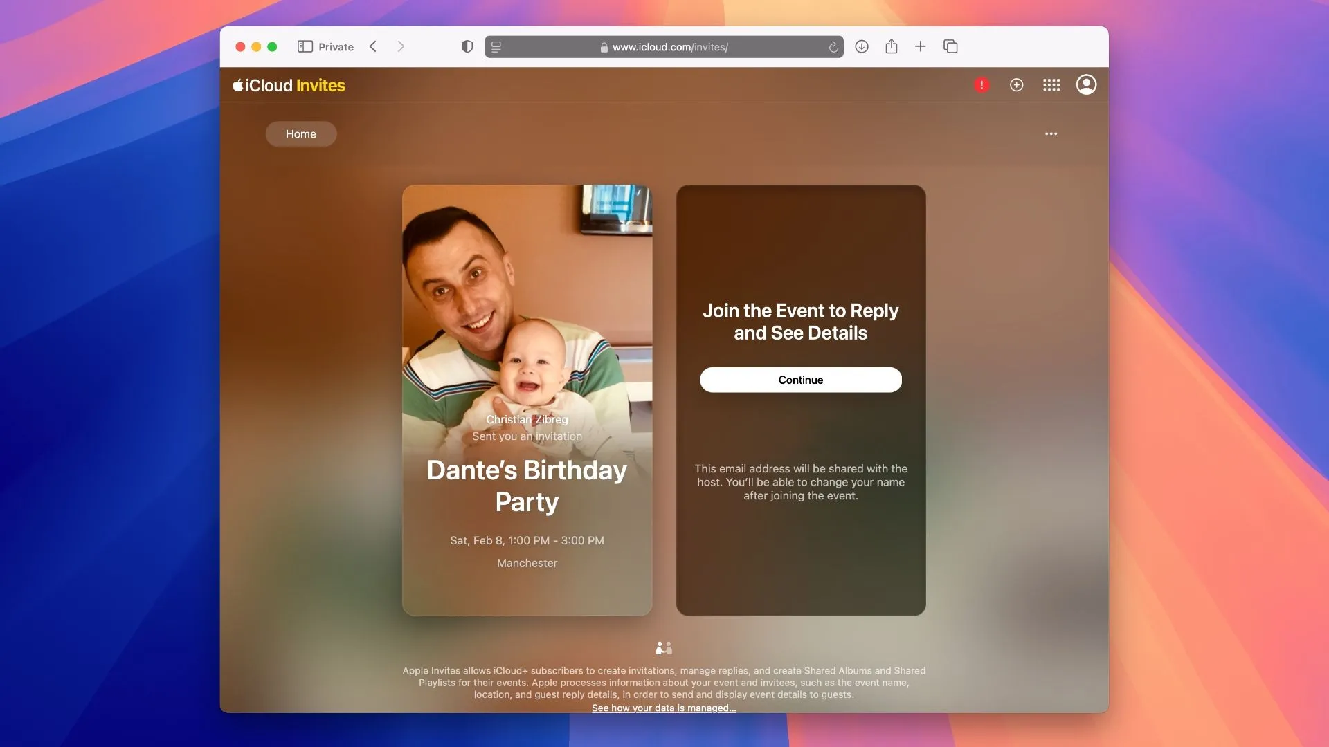Màn hình xác nhận địa chỉ email khi tham gia sự kiện qua ứng dụng web Apple Invites, cho phép người không dùng thiết bị Apple vẫn có thể RSVP.