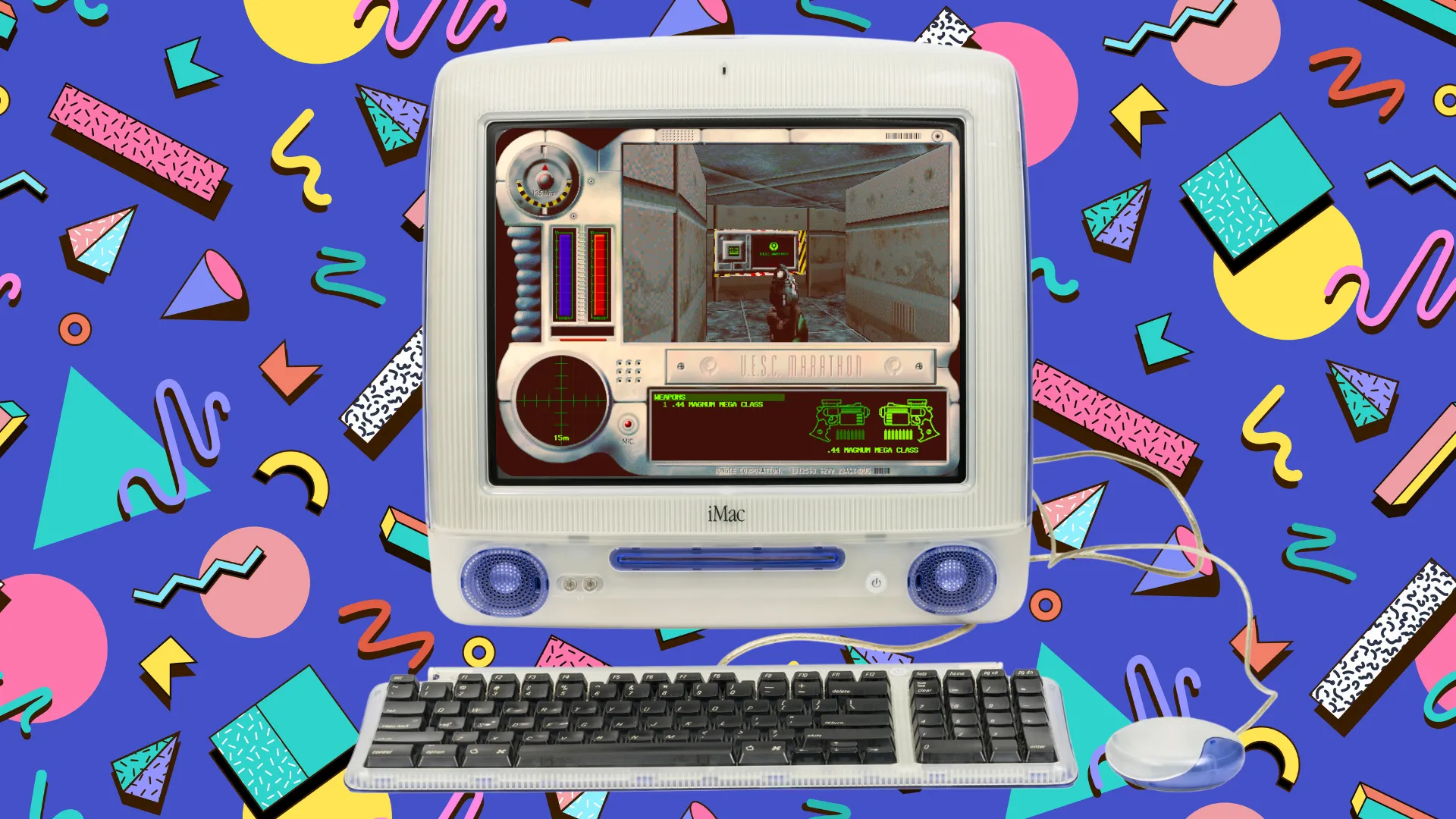 Marathon trên iMac G3 với hình nền phong cách thập niên 90, thể hiện lịch sử chơi game Mac