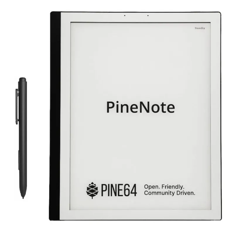 Mặt trước của máy tính bảng e-paper PineNote đang hiển thị văn bản.