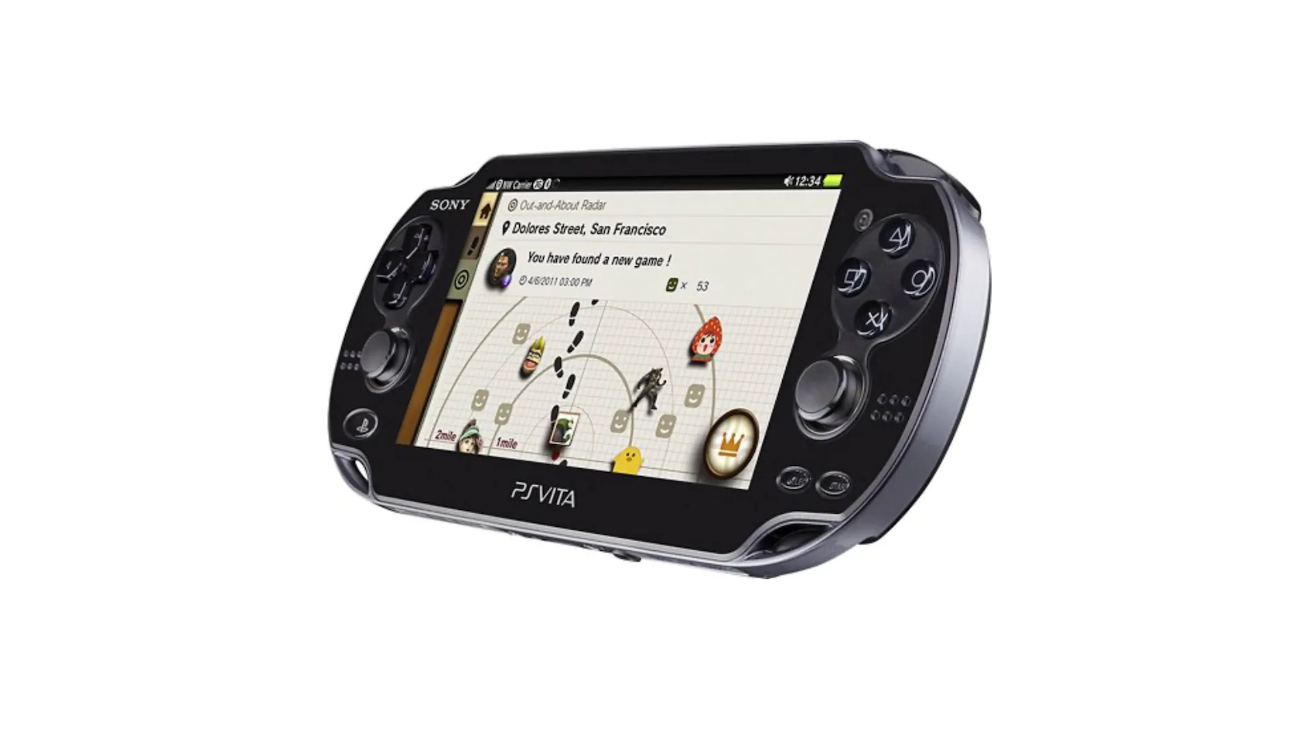 Máy chơi game cầm tay PlayStation Vita nhìn từ góc nghiêng đang chơi game.