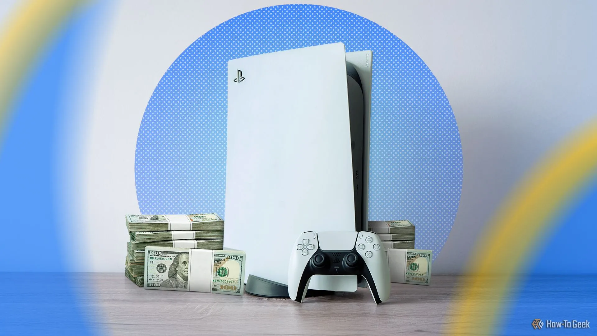 Máy chơi game PlayStation 5 đặt cạnh một chồng tiền, biểu thị chi phí đầu tư console đắt đỏ