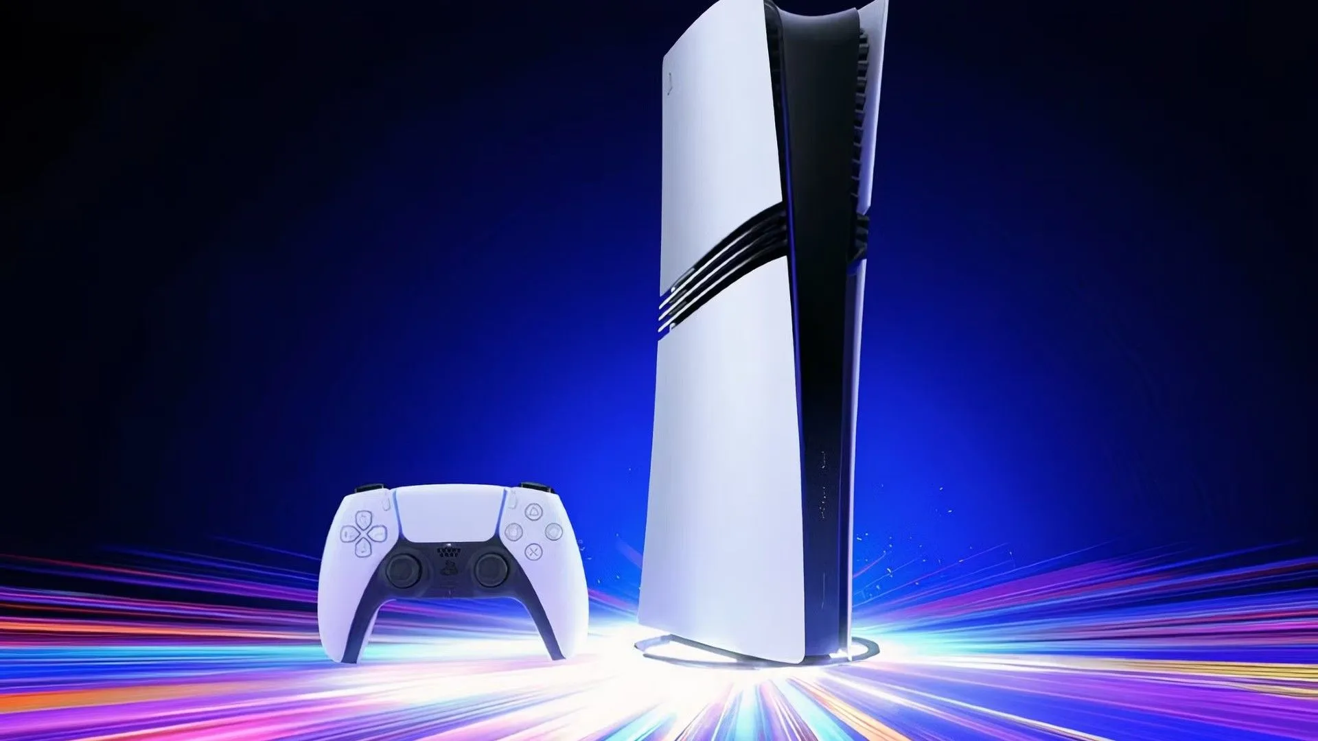 Máy chơi game PlayStation 5 Pro đặt trên nền màu xanh gradient