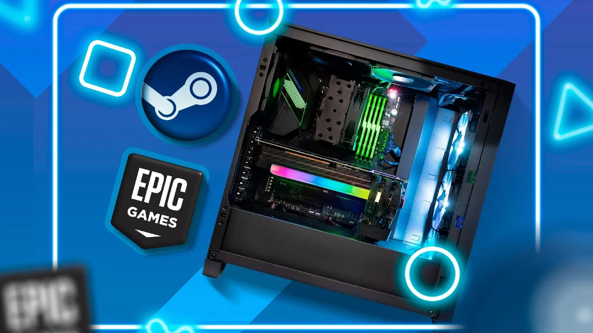 Máy tính chơi game hiển thị logo Epic Games và Steam, biểu trưng cho sự cạnh tranh gay gắt giữa hai nền tảng phân phối game PC hàng đầu.