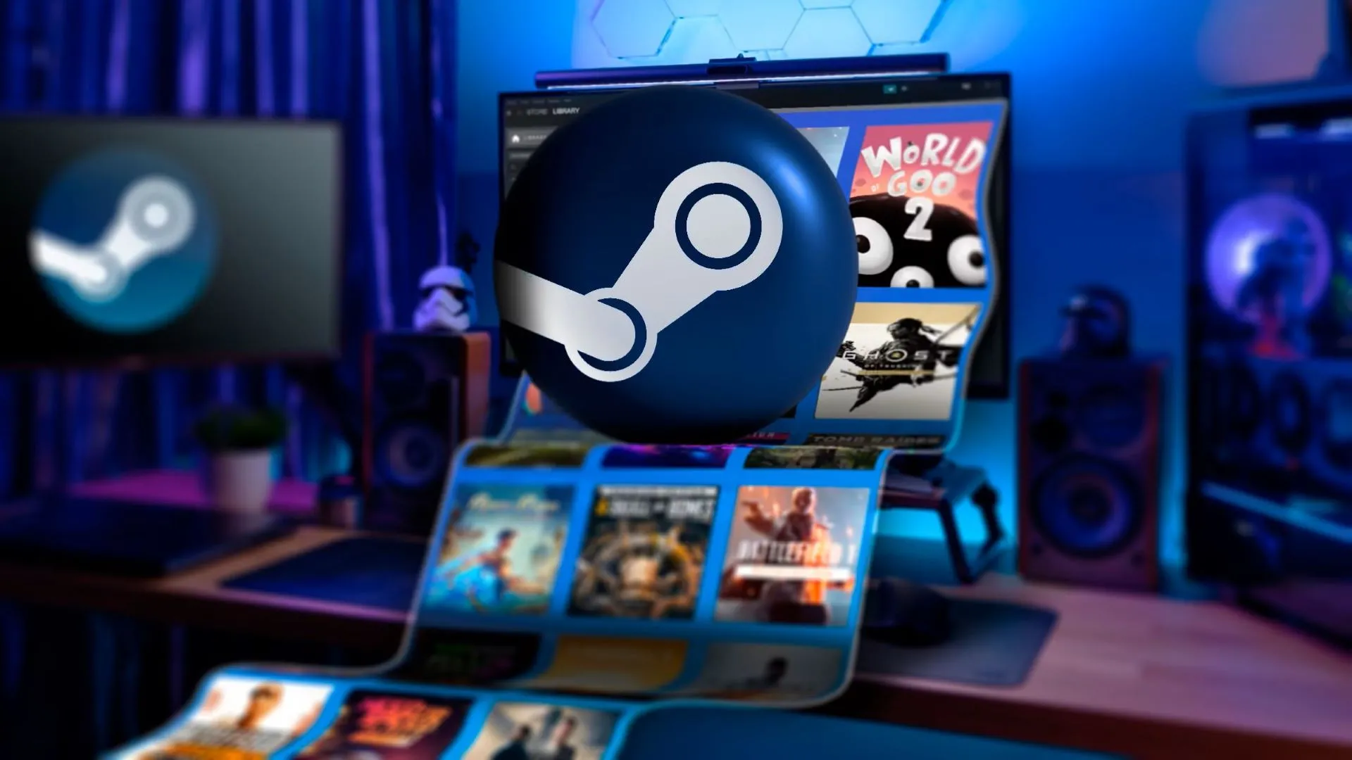 Máy tính gaming với logo Steam và các game nổi bật, tượng trưng cho khả năng khám phá game tốt hơn của Steam so với App Store