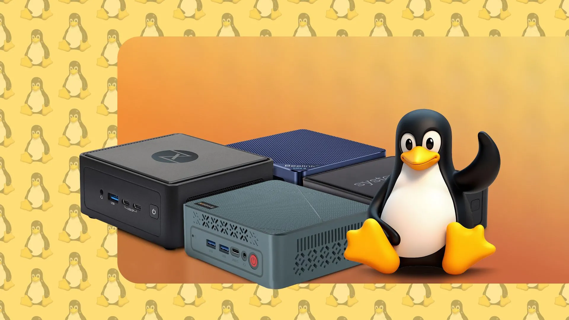 Máy tính Mini PC và biểu tượng Linux, gợi ý khả năng chạy hệ điều hành mã nguồn mở