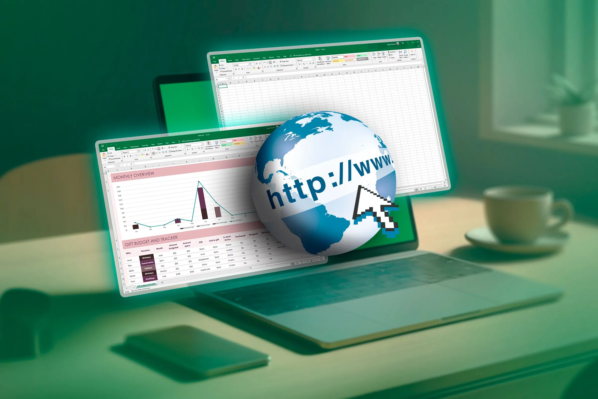 Máy tính xách tay hiển thị hai bảng tính Excel và biểu tượng World Wide Web