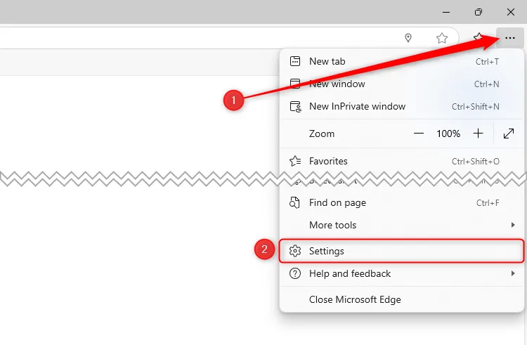 Menu ba chấm trong Microsoft Edge được mở rộng và tùy chọn Cài đặt được chọn.