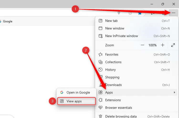 Menu ba chấm trong Microsoft Edge được mở rộng, và tùy chọn Xem ứng dụng được chọn thông qua menu con Ứng dụng.