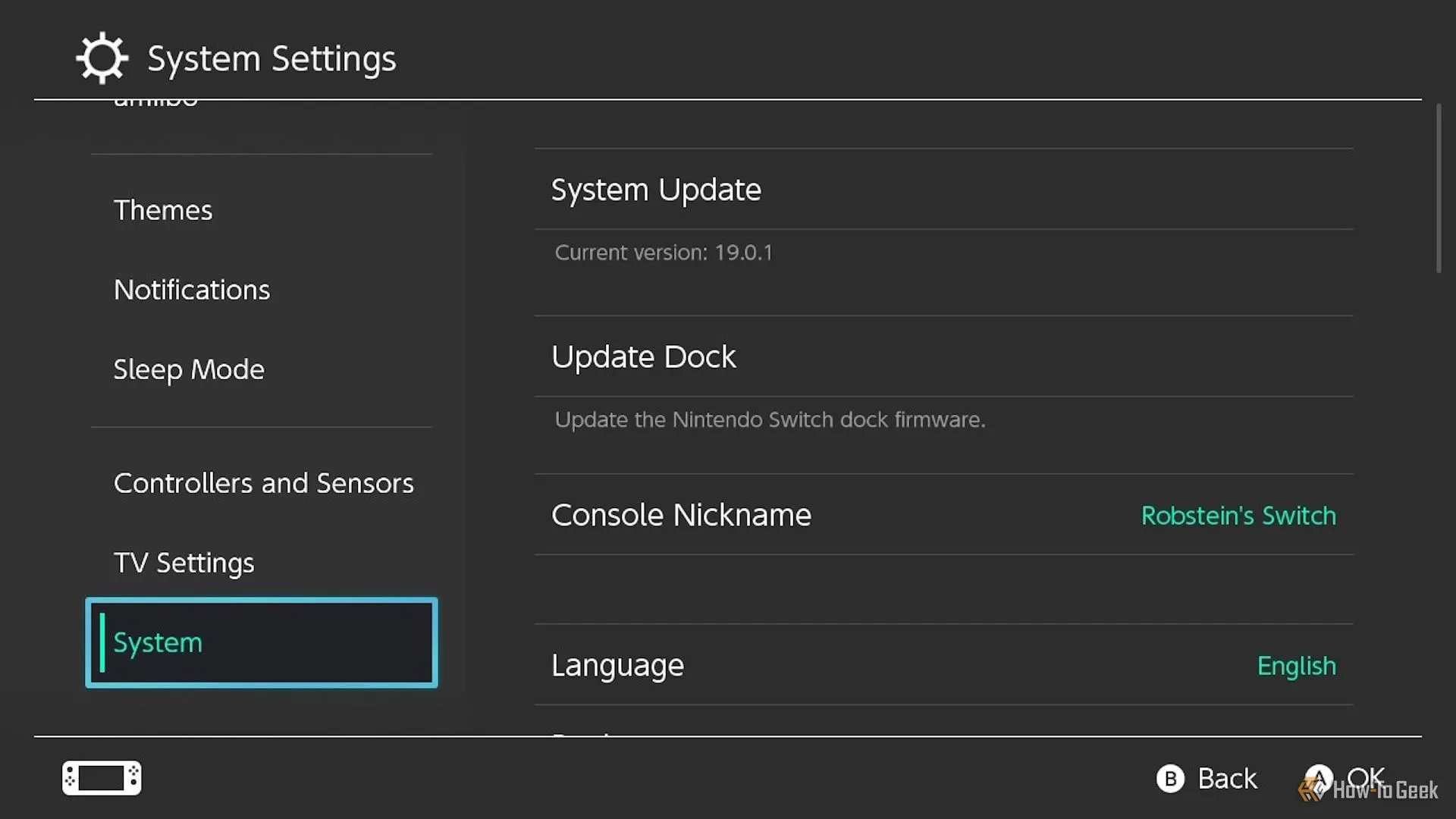 Menu cài đặt cập nhật hệ thống Nintendo Switch giúp kiểm tra phiên bản firmware