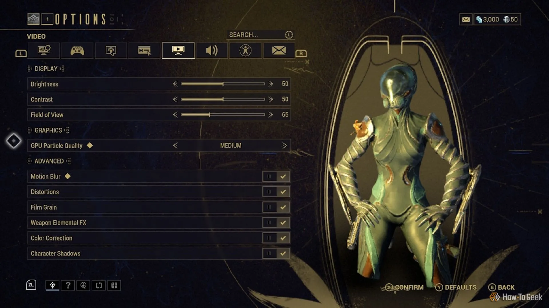 Menu cài đặt đồ họa trong Warframe trên Switch, hiển thị các tùy chọn tinh chỉnh hiệu ứng để cải thiện hiệu suất
