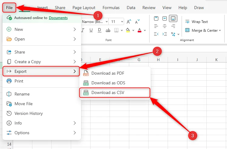 Menu File trong Excel Online với tùy chọn Export và Download As CSV được chọn