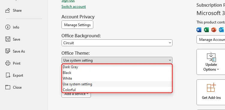Menu thả xuống các tùy chọn chủ đề Office trong cài đặt tài khoản Excel, bao gồm Black, Dark Gray, White, Use System Setting và Colorful.