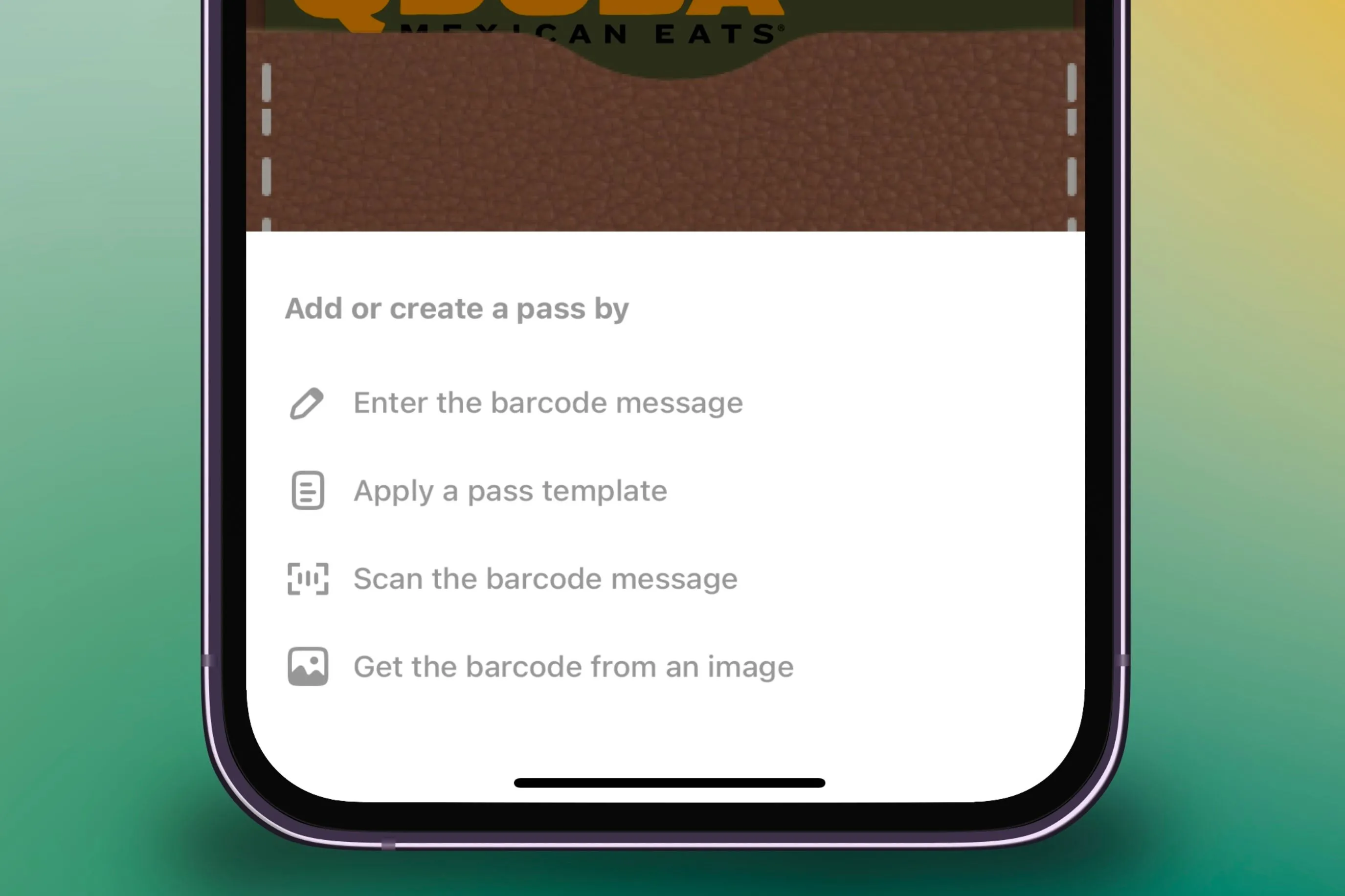Menu tùy chọn các cách nhập mã vạch vào ứng dụng Pass2U Wallet trên iPhone