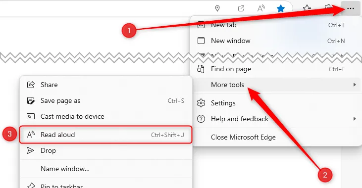 Microsoft Edge với tùy chọn Đọc to truy cập qua menu ba chấm.