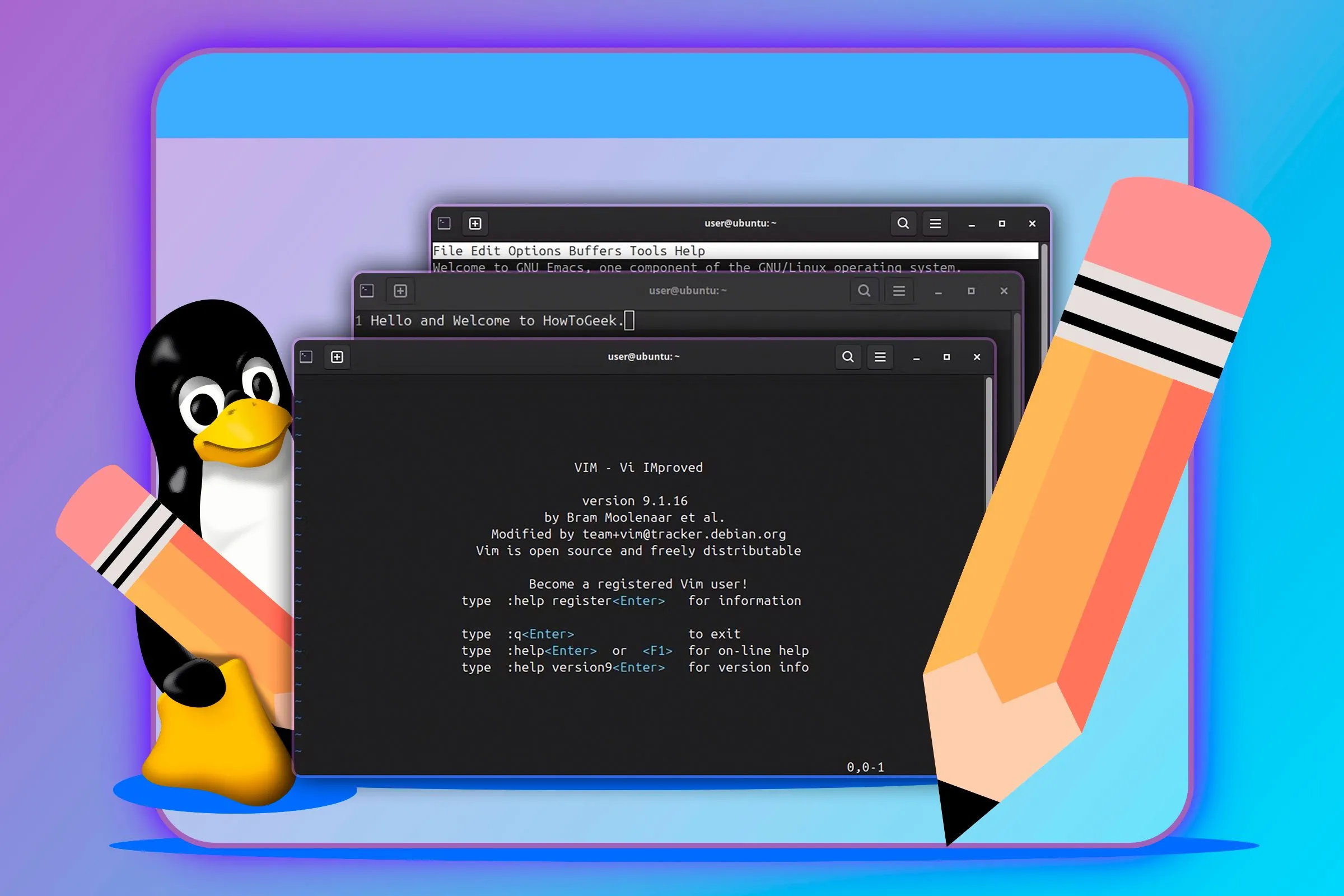 Minh họa ba trình soạn thảo văn bản phổ biến trên Linux (Vim, Nano) cùng biểu tượng Linux, tượng trưng cho sự so sánh công cụ