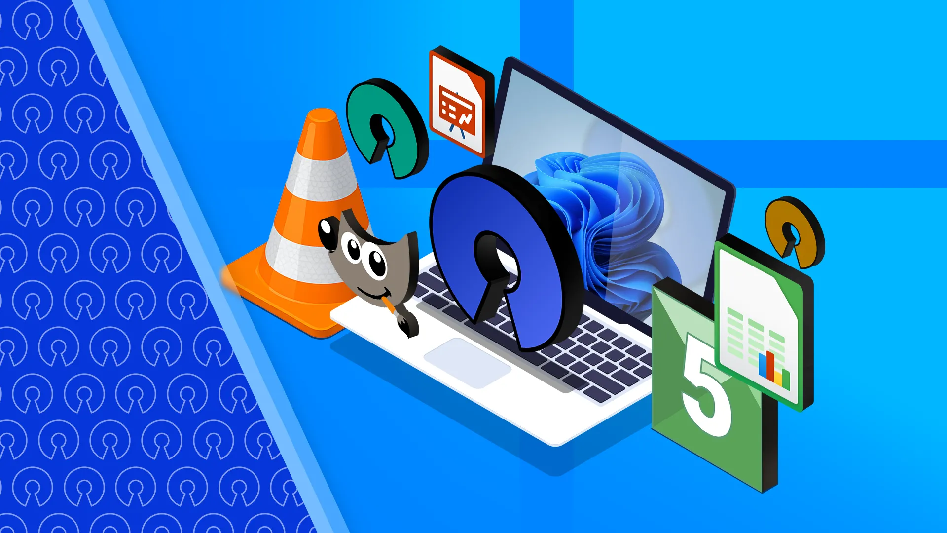 Minh họa máy tính Windows 11 và các biểu tượng ứng dụng mã nguồn mở xung quanh.